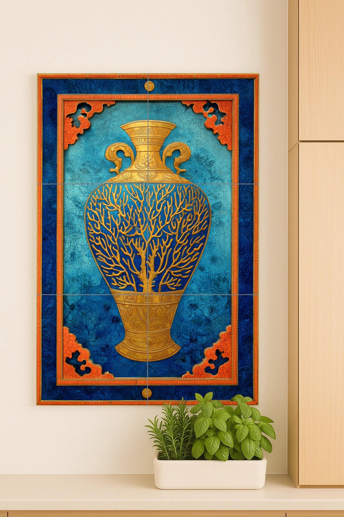Vase Doré de Sueños Coralinos — Fresque Murale en Carreaux de Céramique · Art Mural Nature