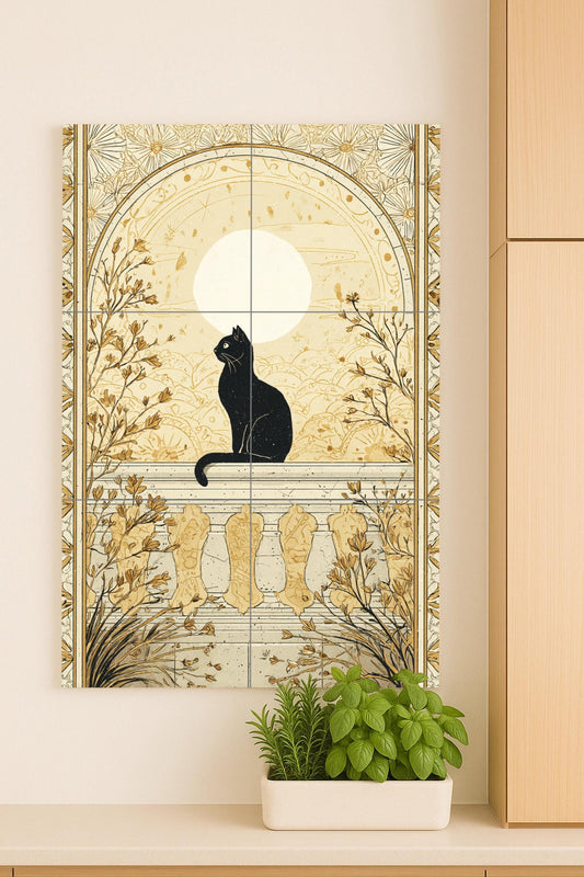 Gato negro bajo la luna dorada