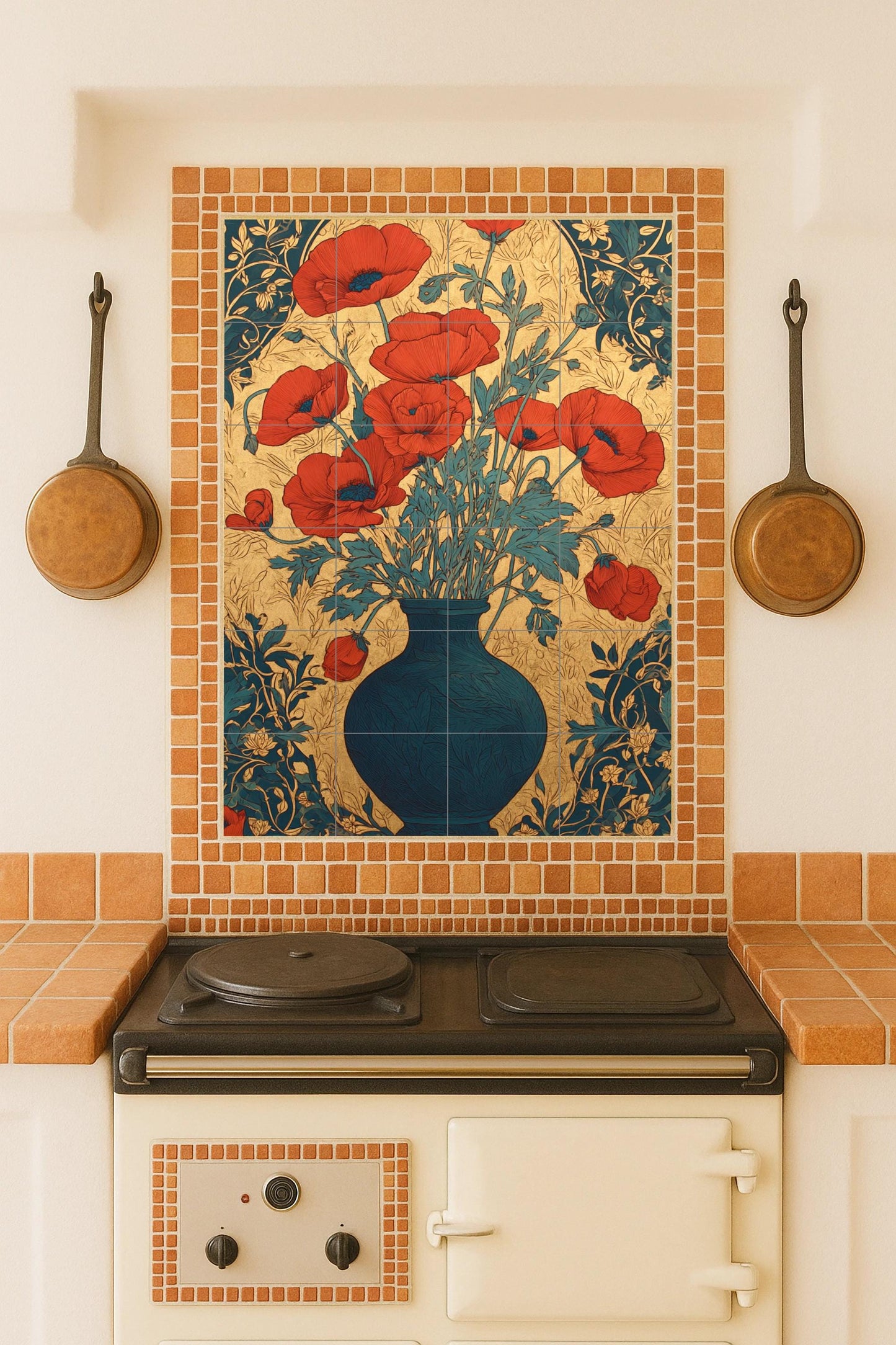 Amapolas en Oro — Art Nouveau con flores escarlatas y jarrón azul…