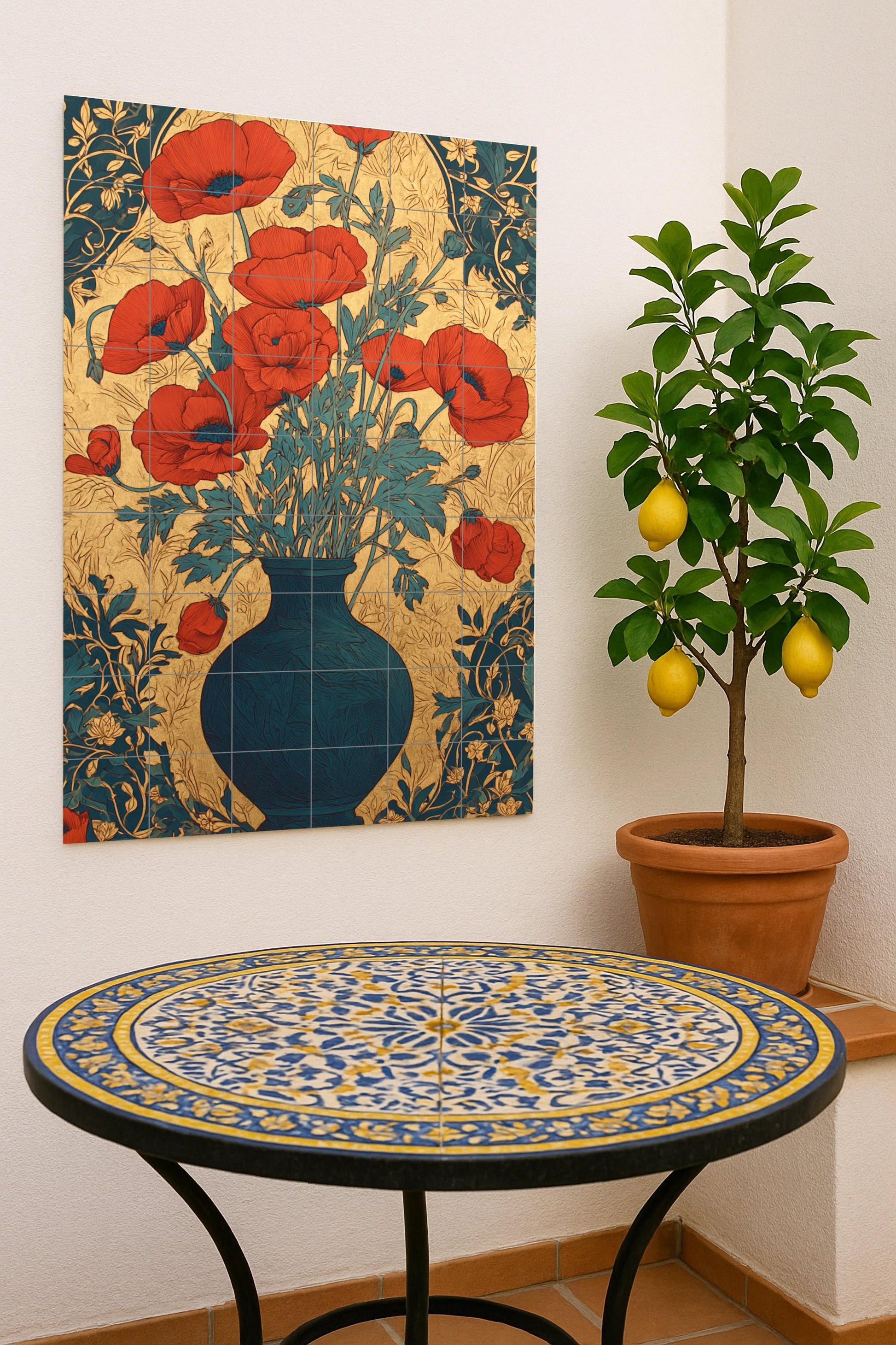Amapolas en Oro — Art Nouveau con flores escarlatas y jarrón azul…