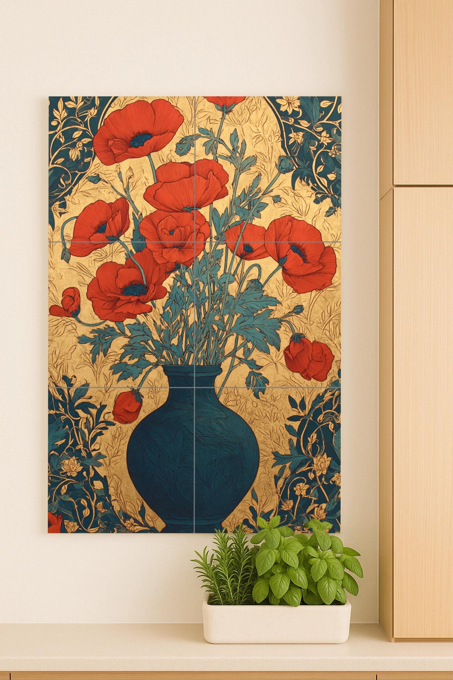 Amapolas en Oro — Art Nouveau con flores escarlatas y jarrón azul…