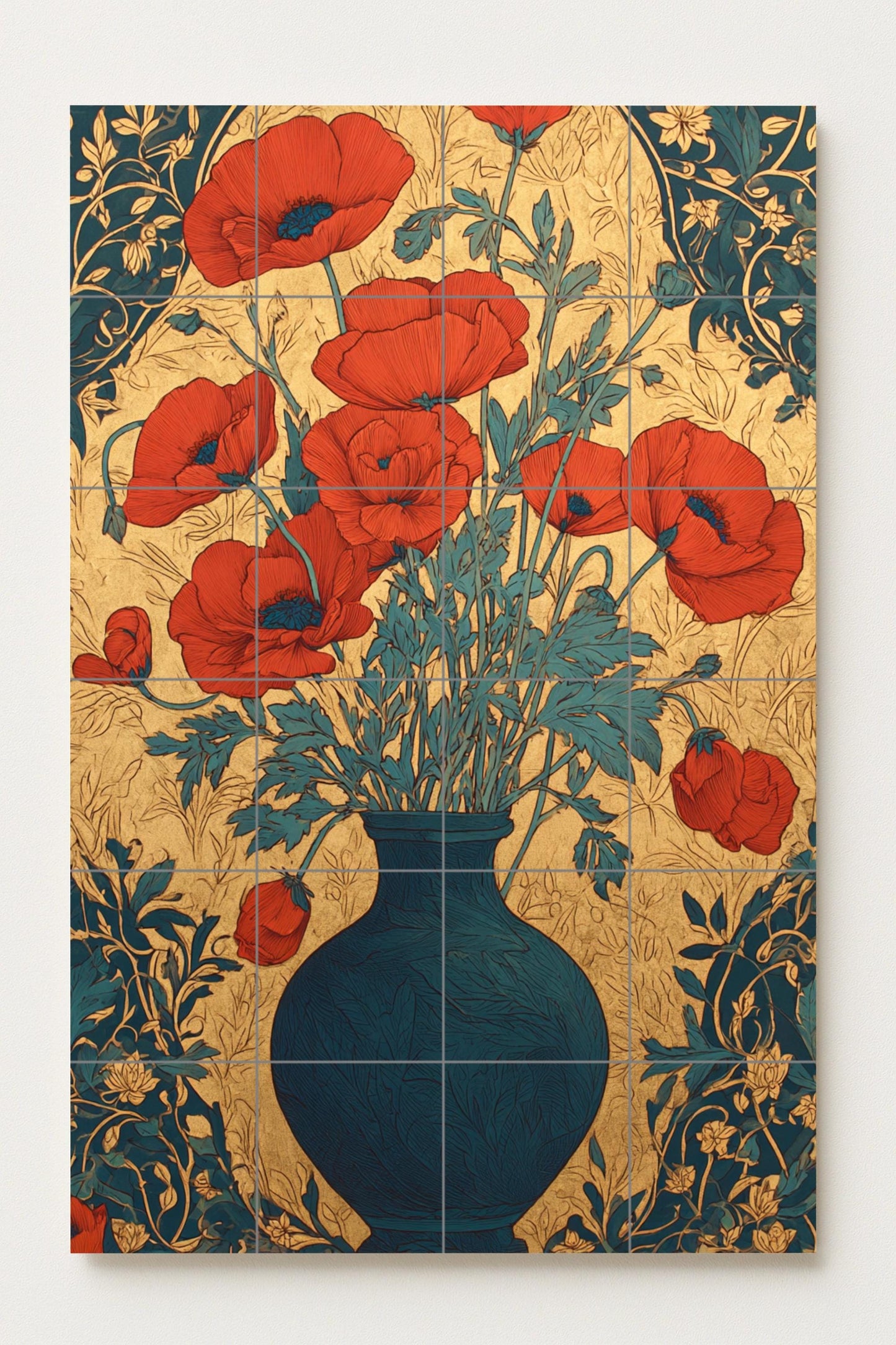 Amapolas en Oro — Art Nouveau con flores escarlatas y jarrón azul…