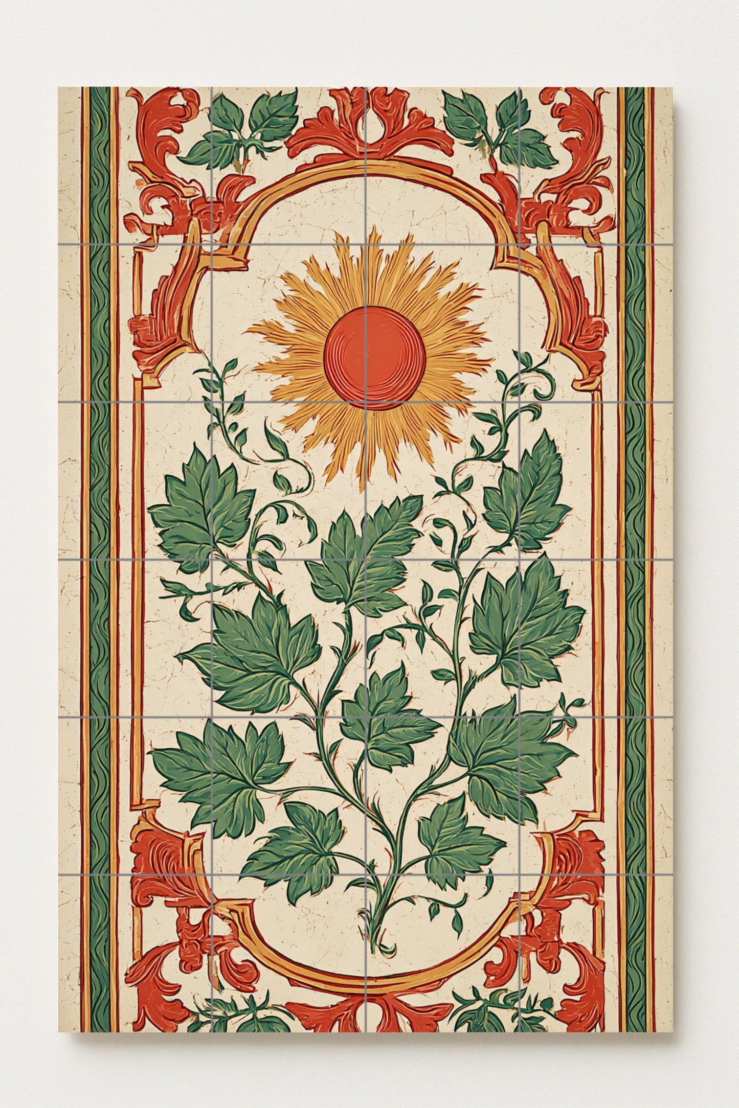 Adorno solar — Motivo solar y follaje verde, obra de arte de azulejos…