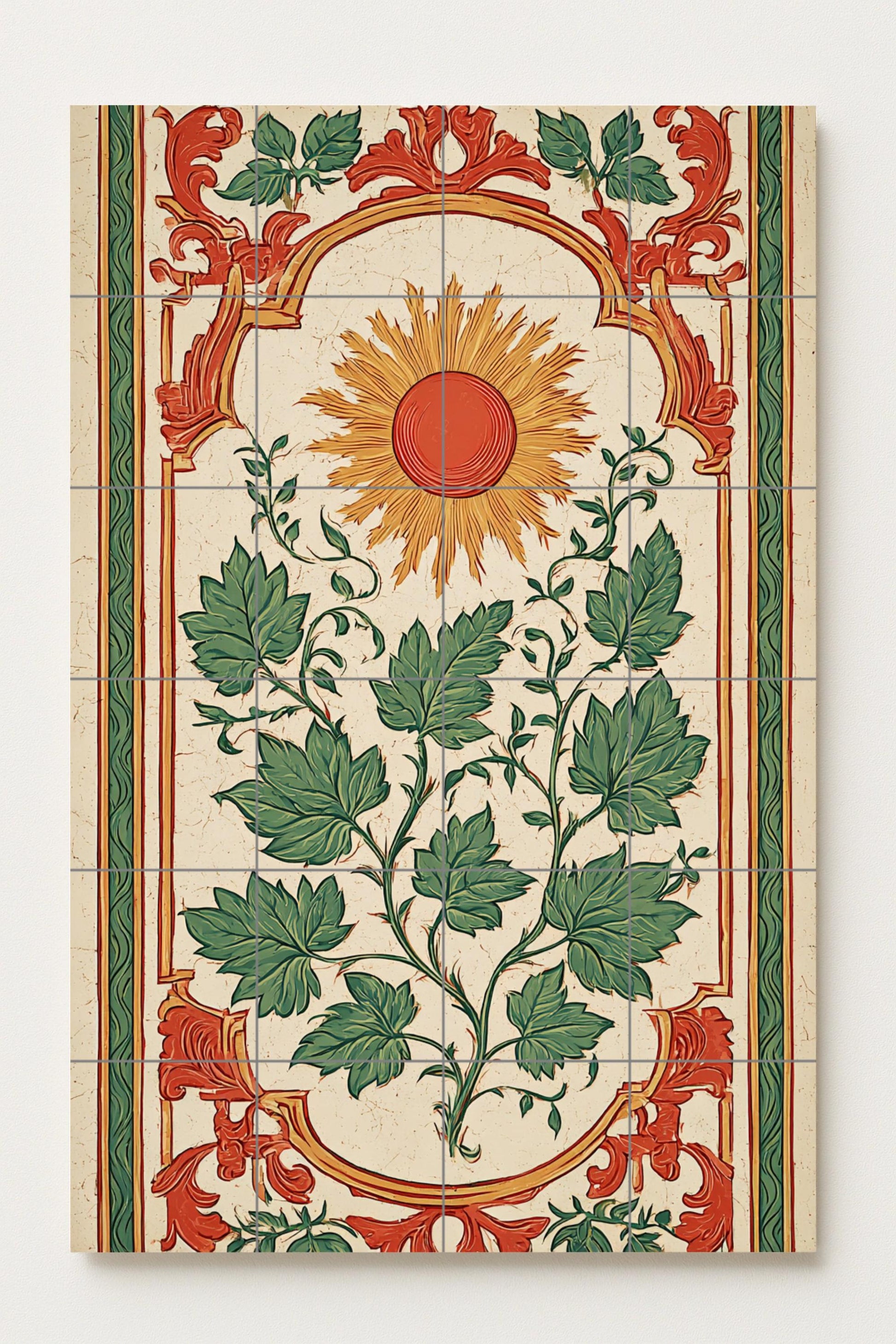 Adorno solar — Motivo solar y follaje verde, obra de arte de azulejos…