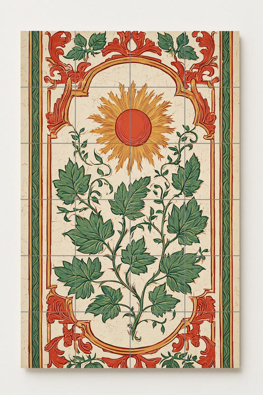Adorno solar — Motivo solar y follaje verde, obra de arte de azulejos…