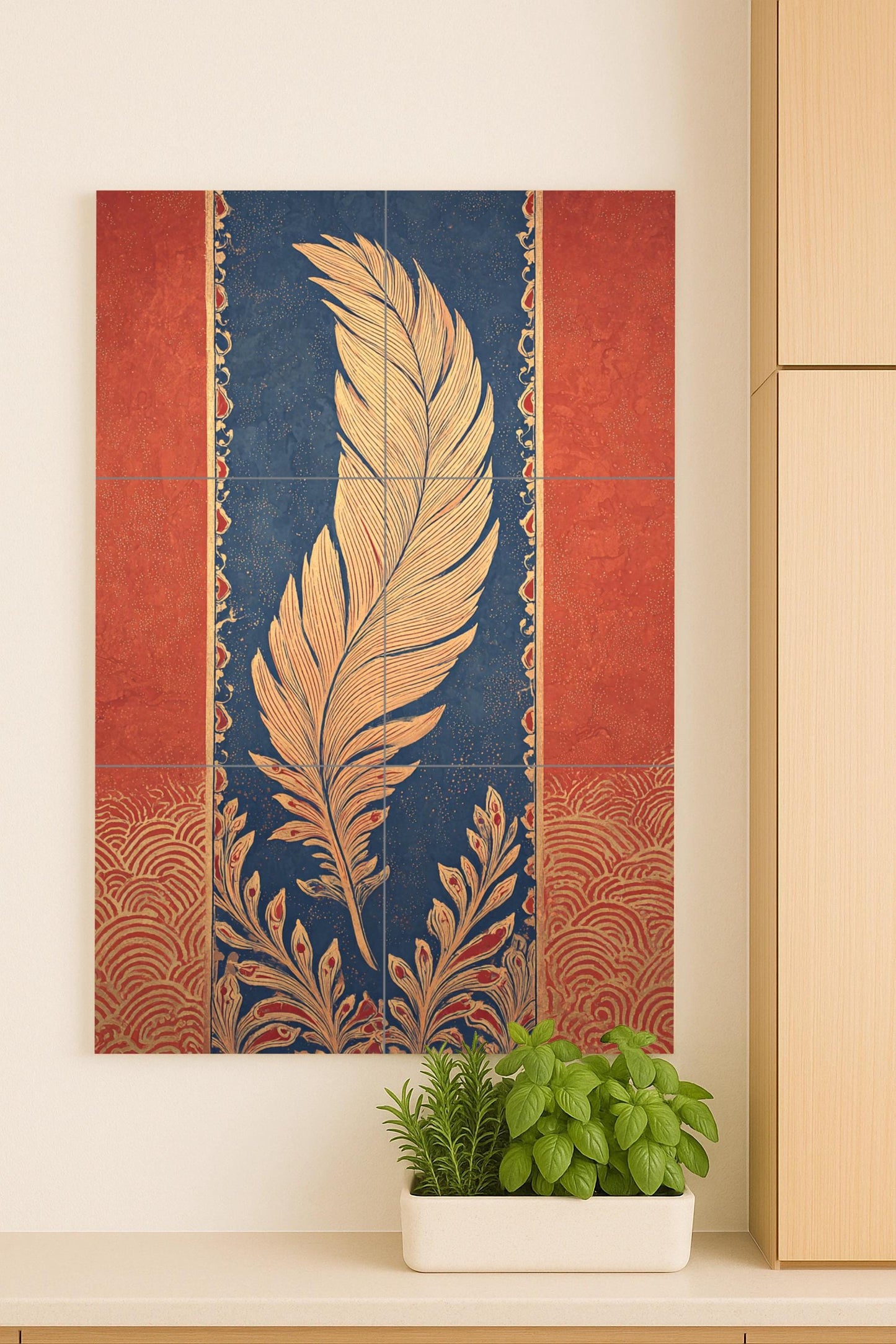 Elegía de Plumas Dorées — Fresque Murale en Carreaux de Céramique · Panneau Mural Ornemental