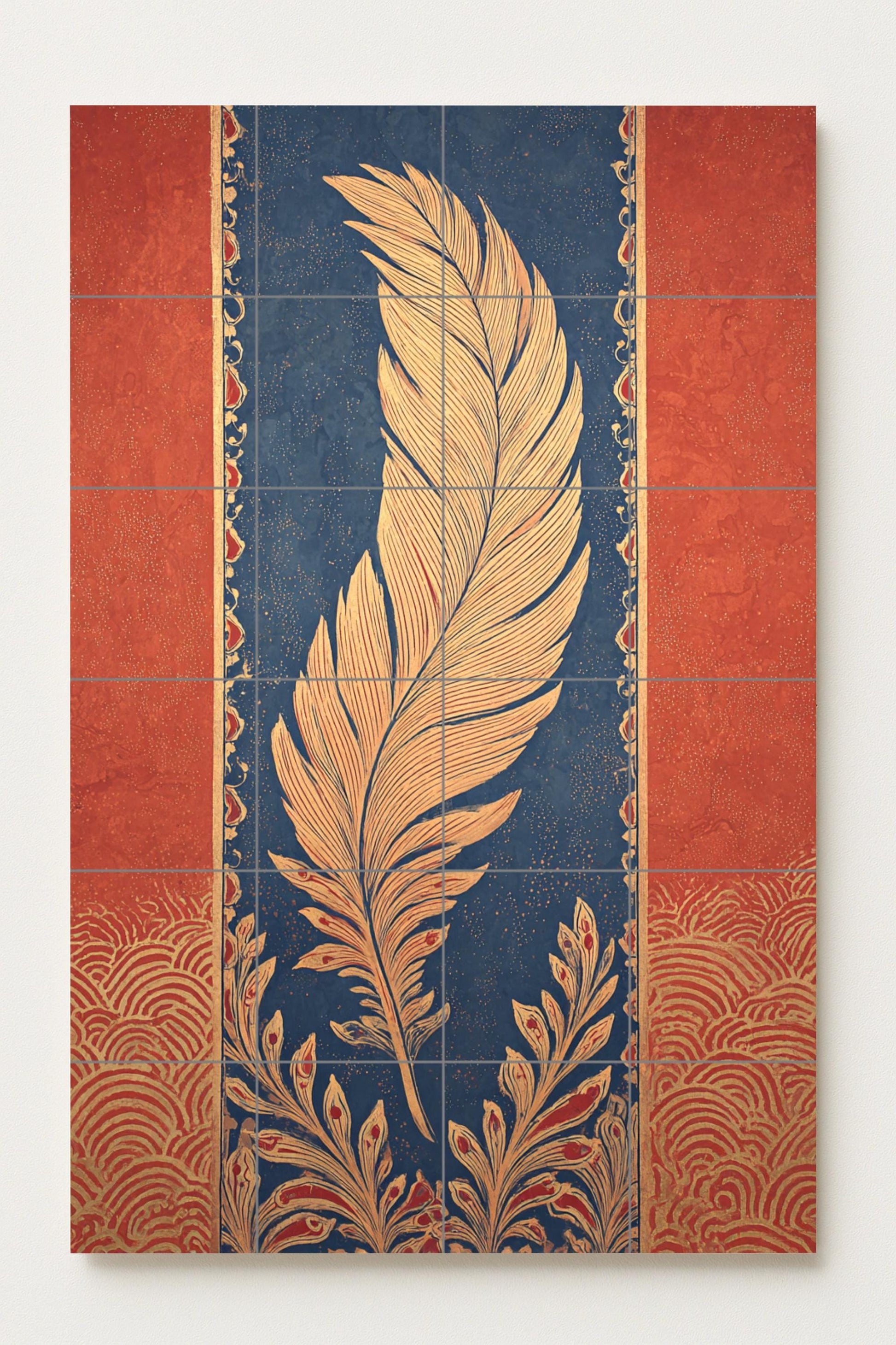Elegía de Plumas Dorées — Fresque Murale en Carreaux de Céramique · Panneau Mural Ornemental