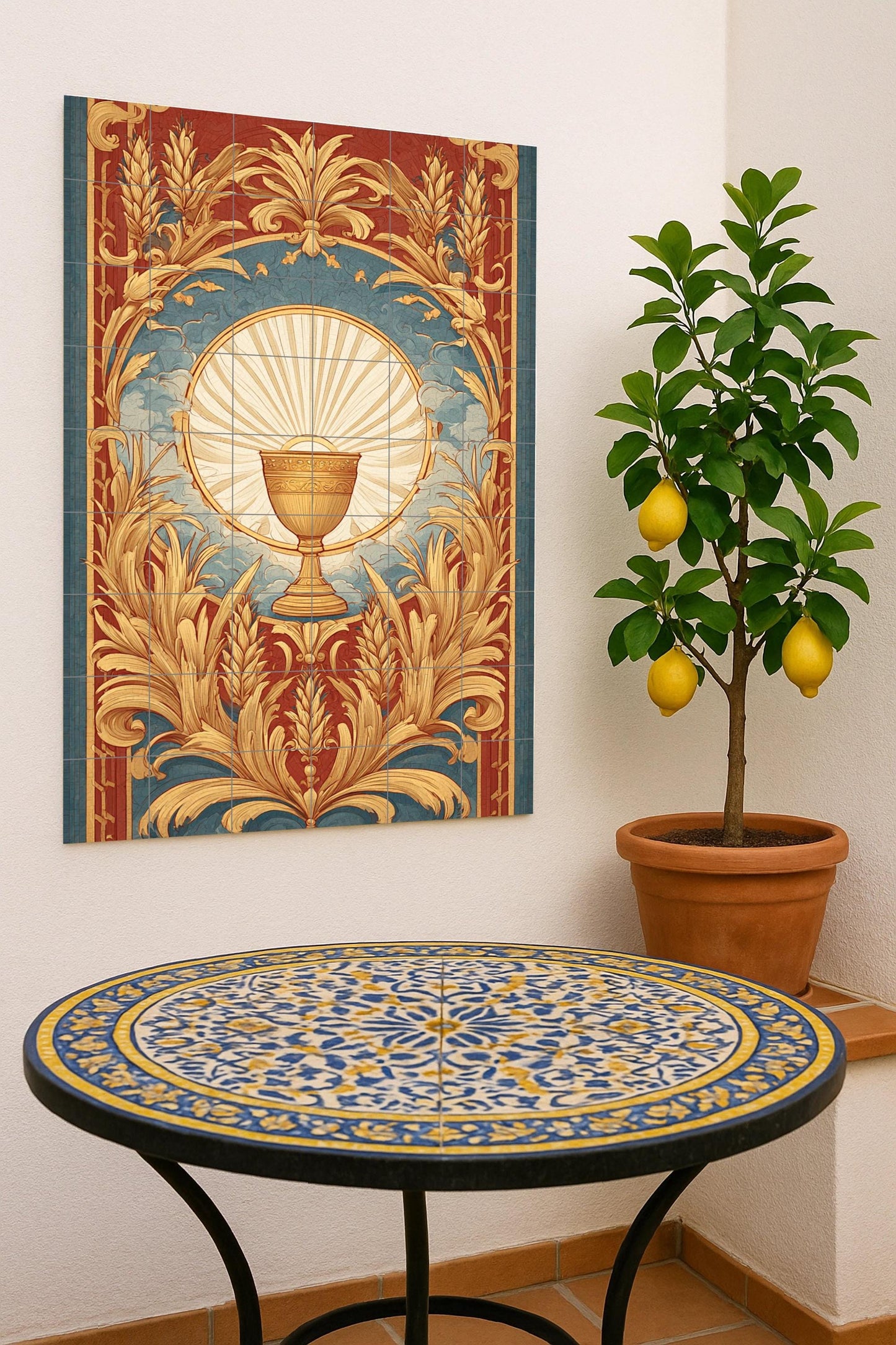 Iluminación du Cáliz Doré — Décor de Légende Antique, Art Mural en Céramique
