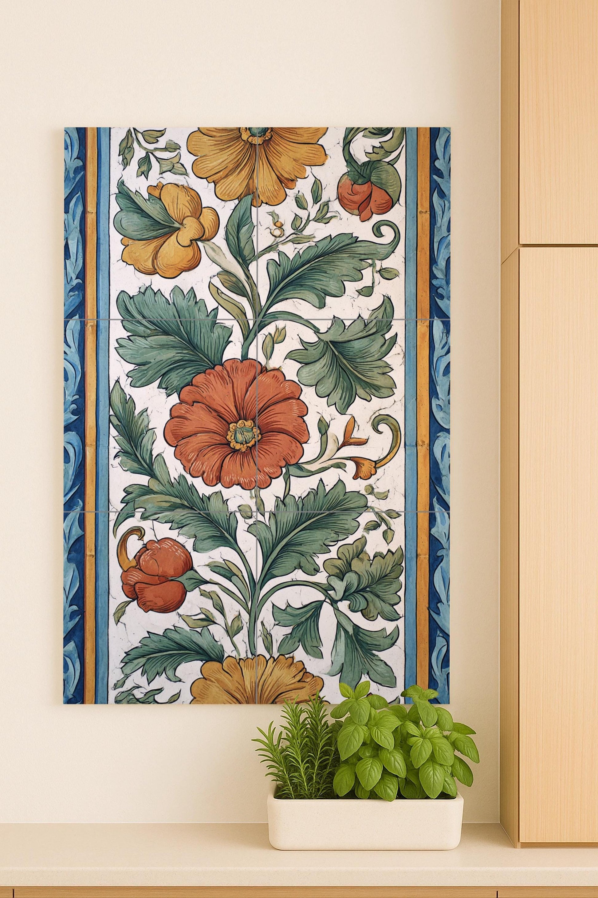 Valencia Bloom — Mural de cerámica con follaje verde, flores doradas…