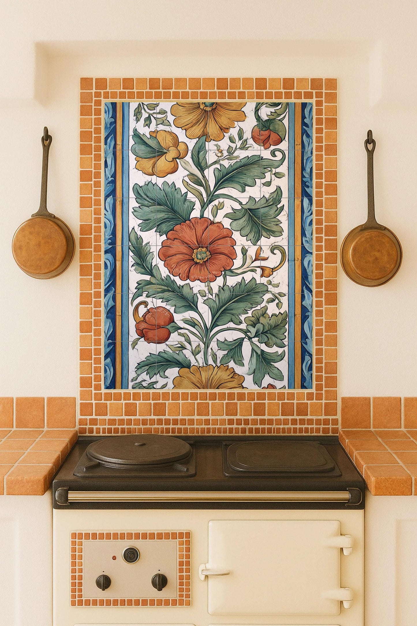 Valencia Bloom — Mural de cerámica con follaje verde, flores doradas…