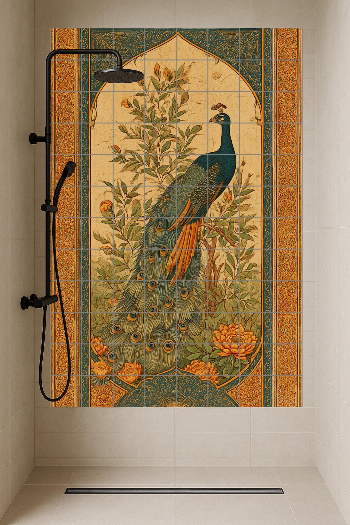 Paon majestuoso — Fresque Murale en Carreaux de Céramique · Fleurs et Paysages