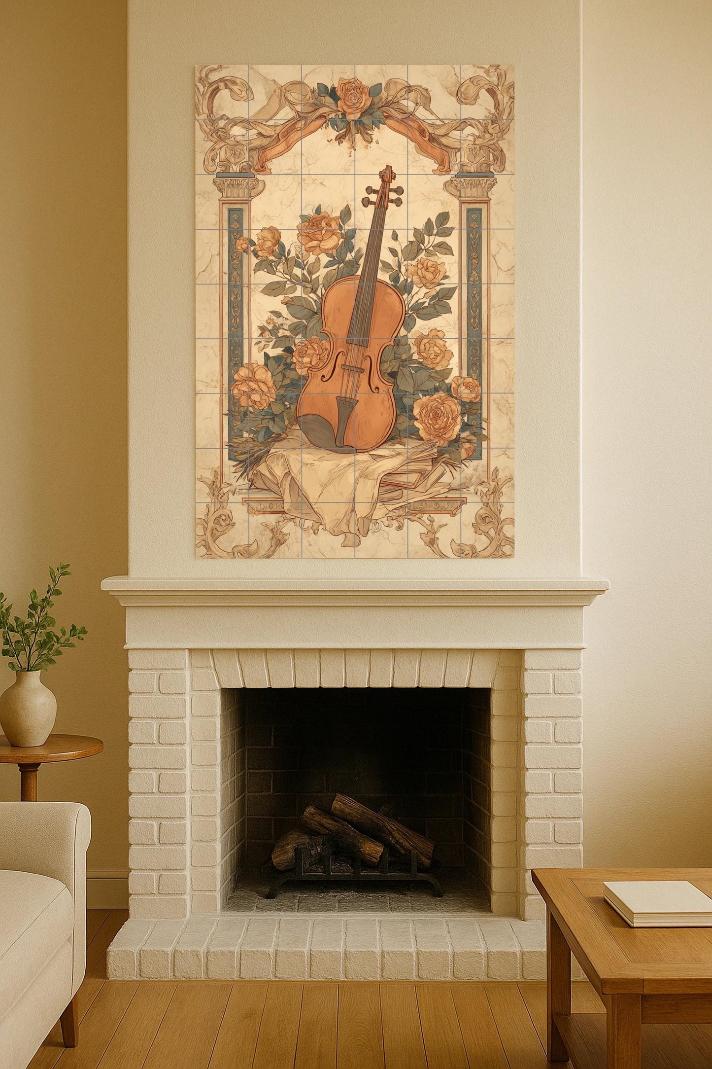 Violín e rosas — Arte Naturale da Parete, Arte da Parete in Ceramica