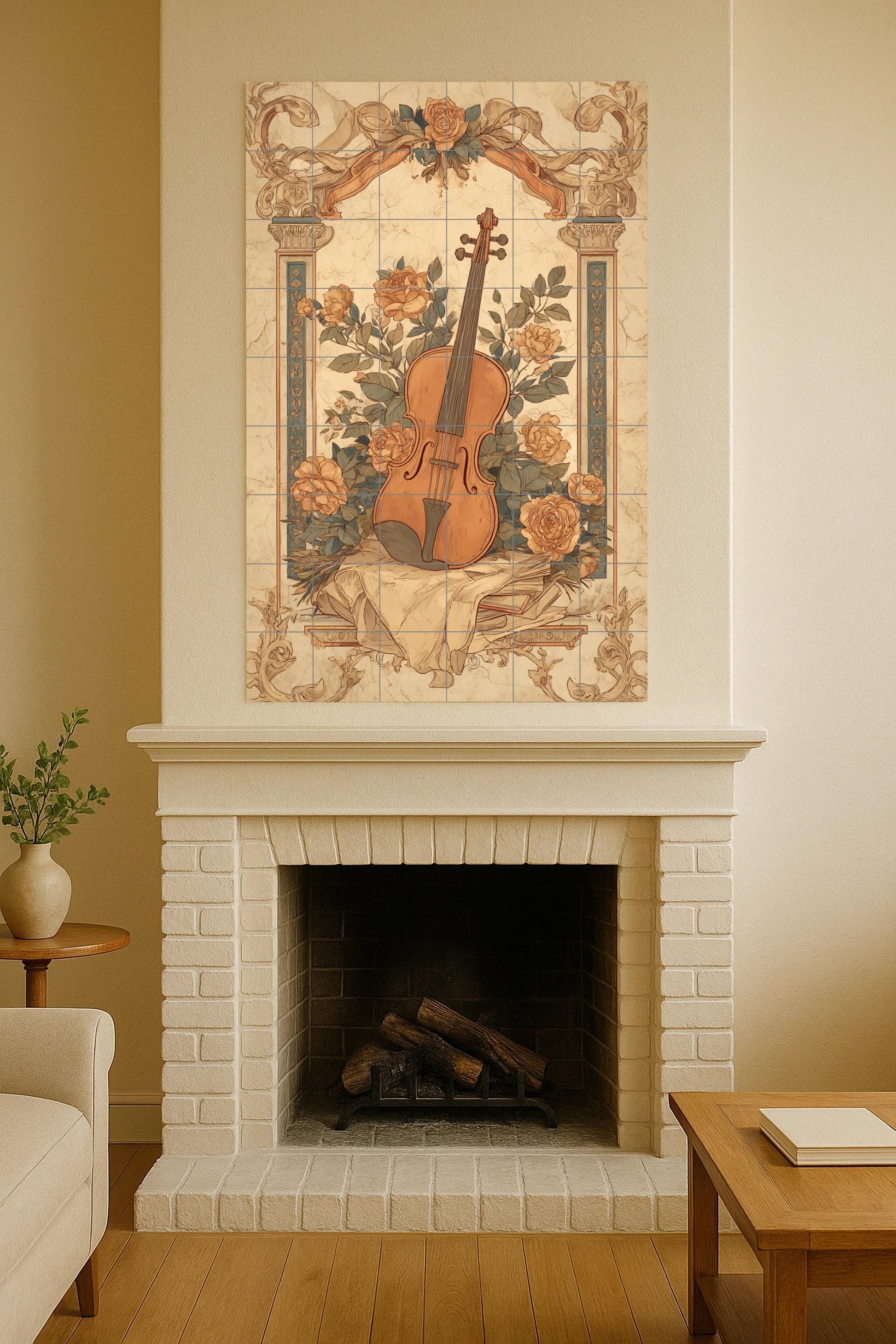 Violín e rosas — Arte Naturale da Parete, Arte da Parete in Ceramica