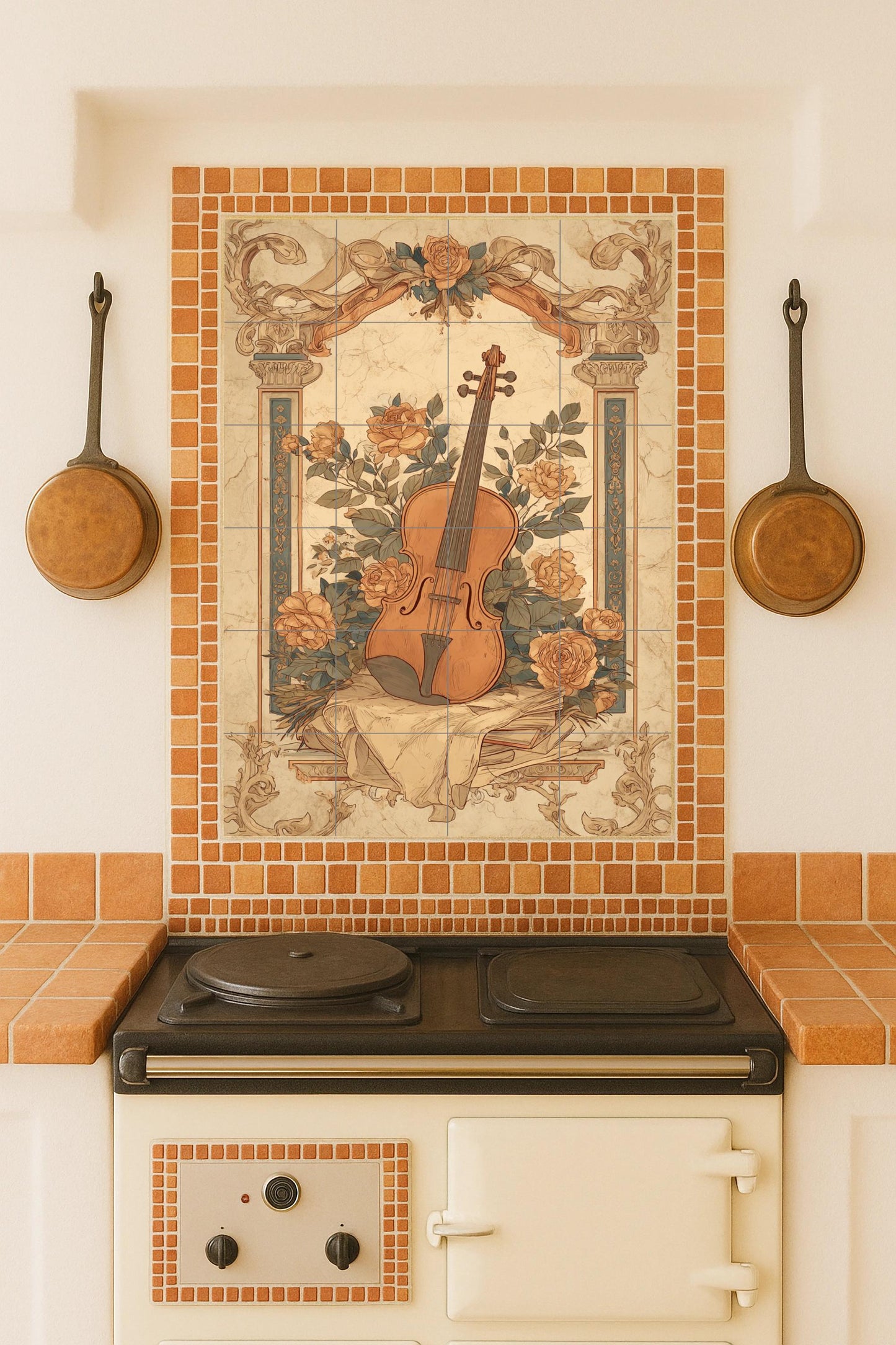 Violín e rosas — Arte Naturale da Parete, Arte da Parete in Ceramica