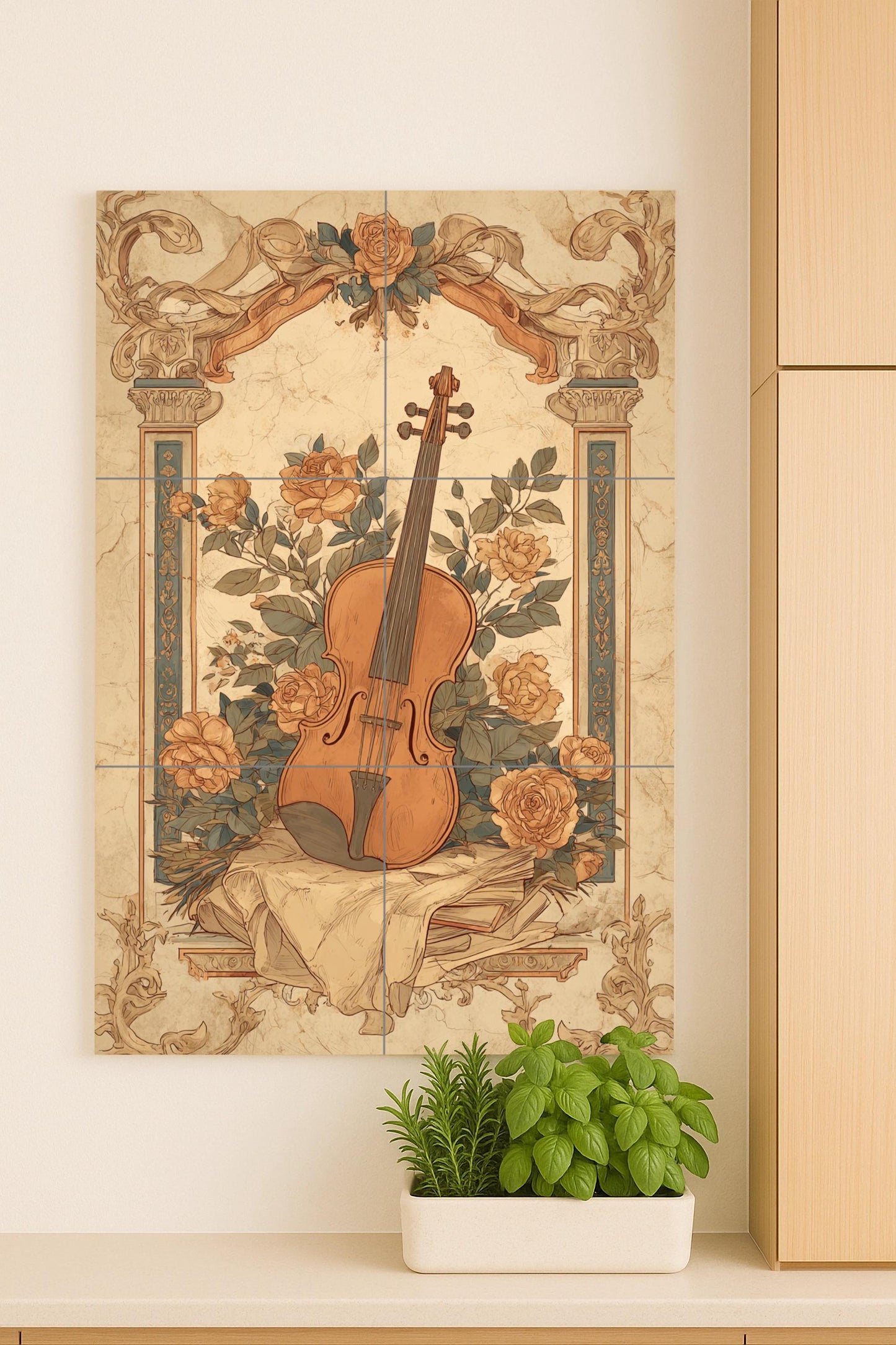 Violín e rosas — Arte Naturale da Parete, Arte da Parete in Ceramica