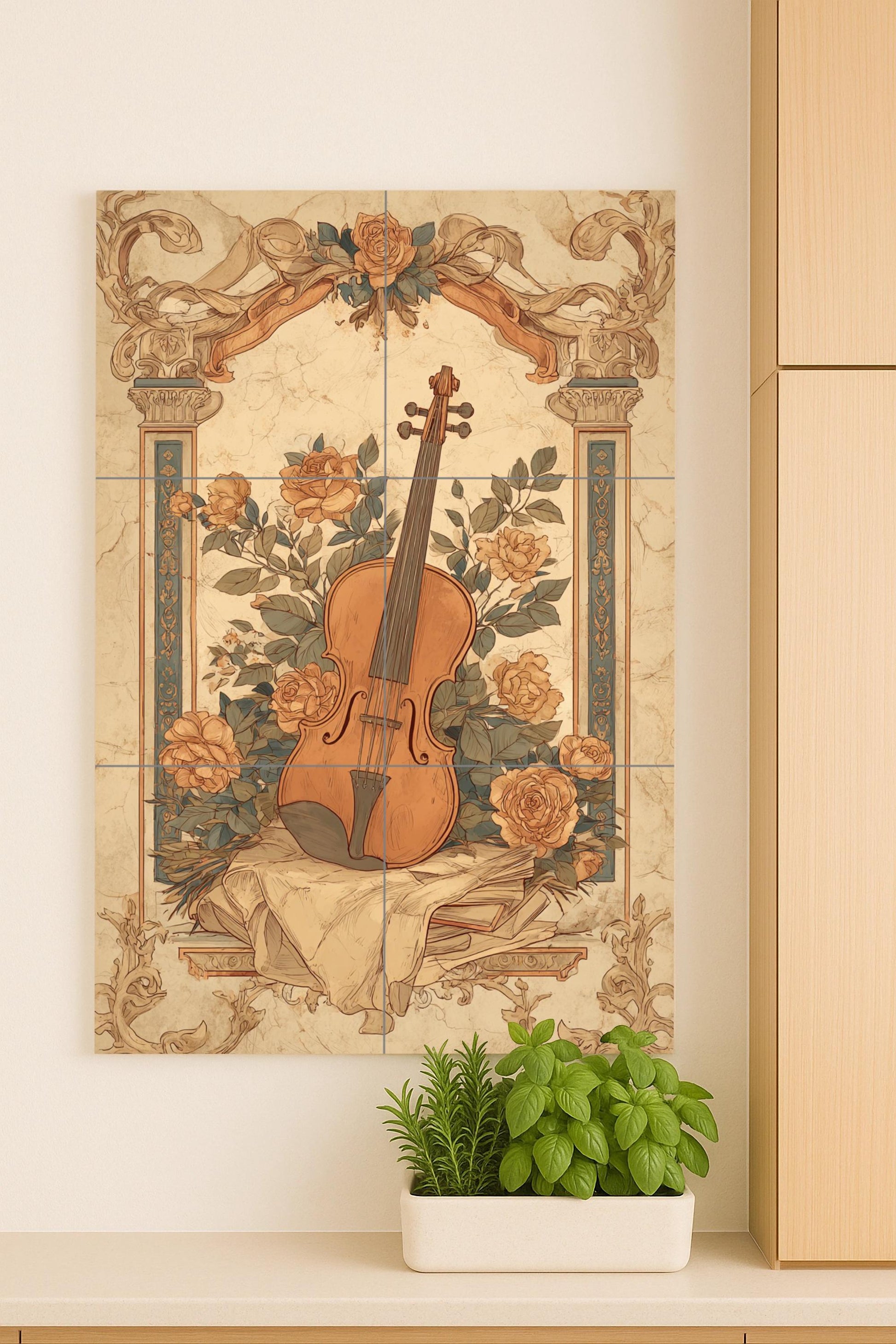 Violín e rosas — Arte Naturale da Parete, Arte da Parete in Ceramica