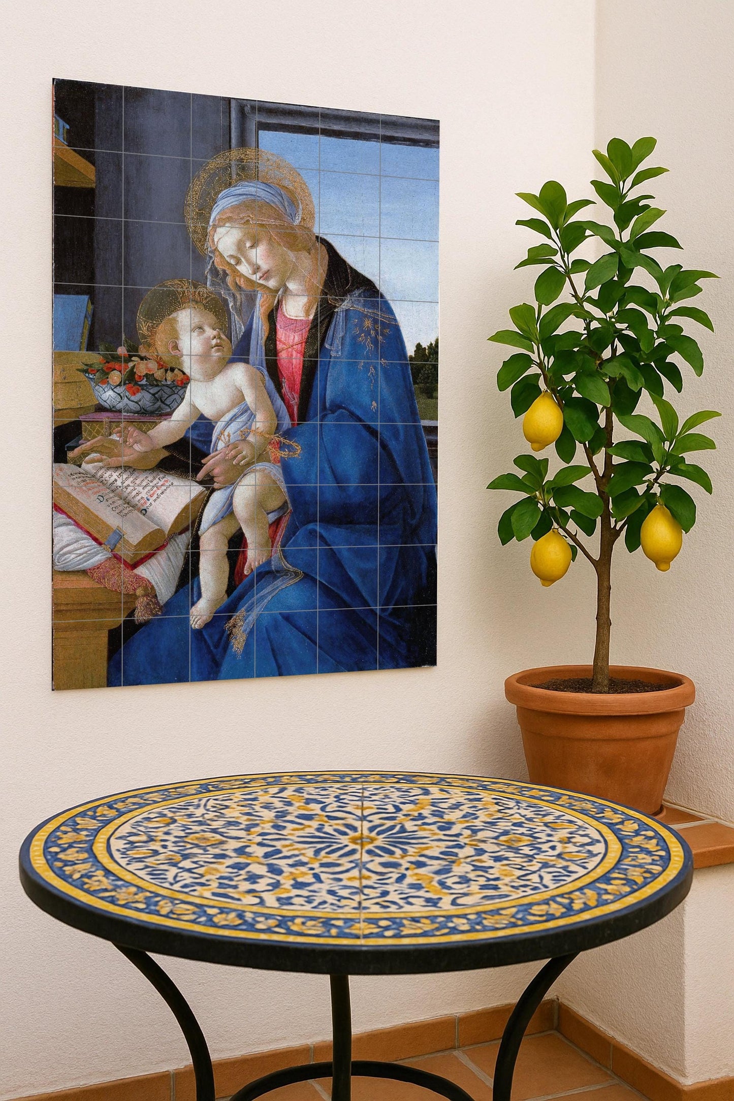 Murale in Piastrelle Vergine e il Niño di Sandro Botticelli — Pittura Classica in Piastrelle