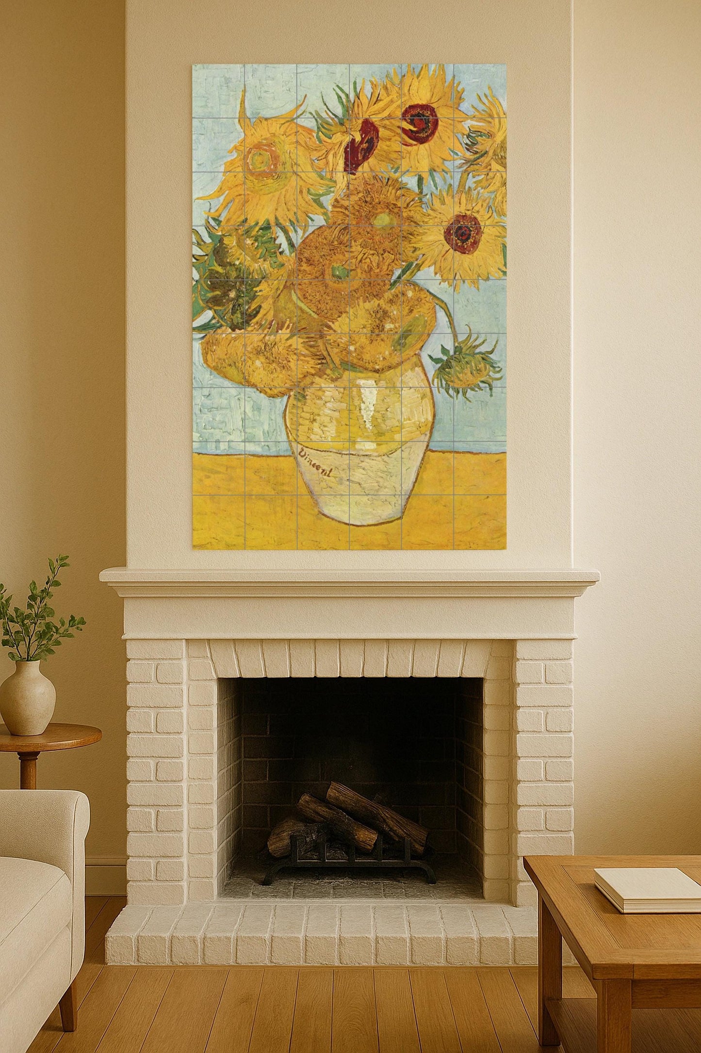Tournesols en Vase Doré · Fresque Céramique — Reproduction d'Art de Musée