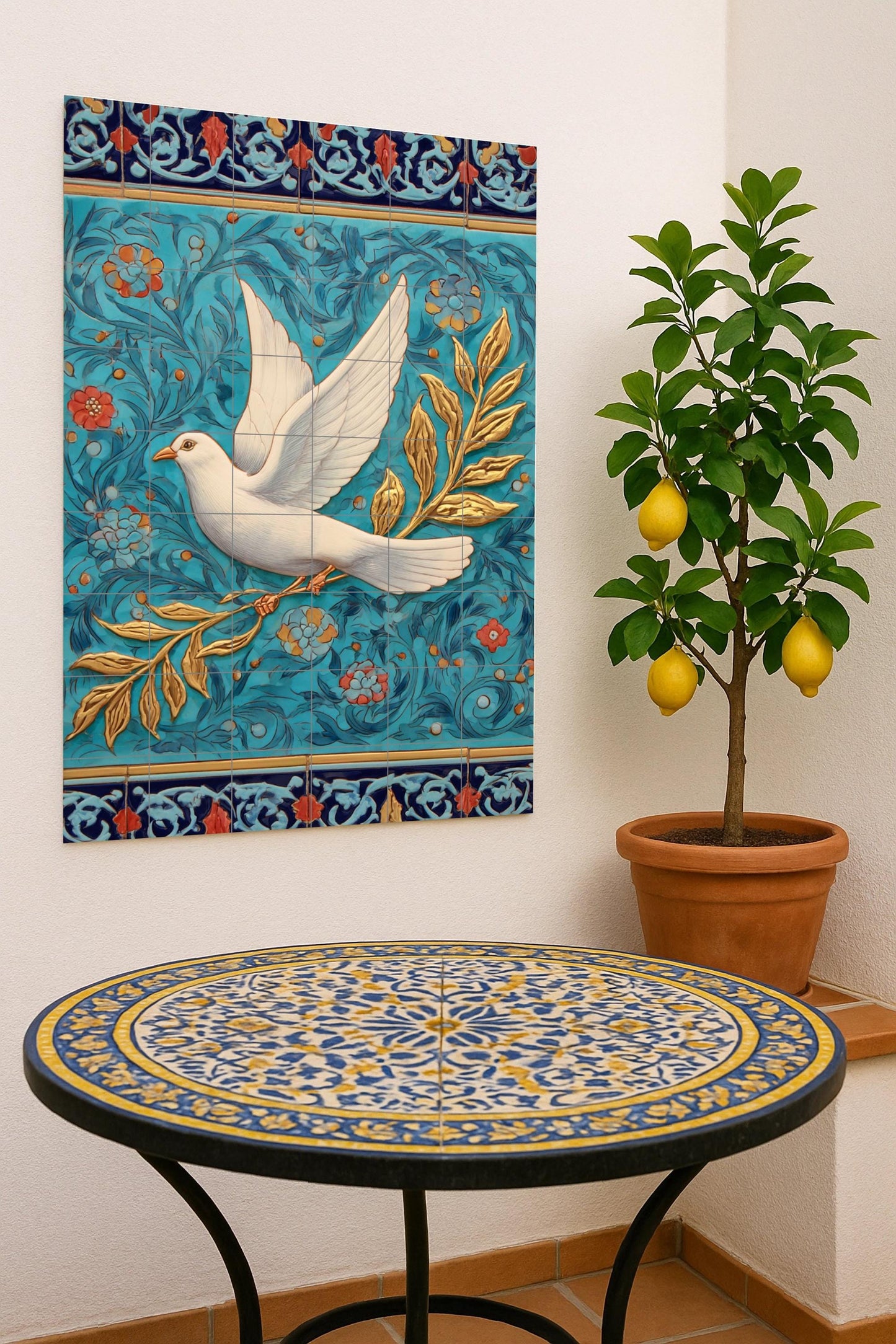 Taube Blanca von die Paz mit Olivenzweig Golden — Fliesen-Wandbild aus Keramik · Garten- & Natur-Dekor
