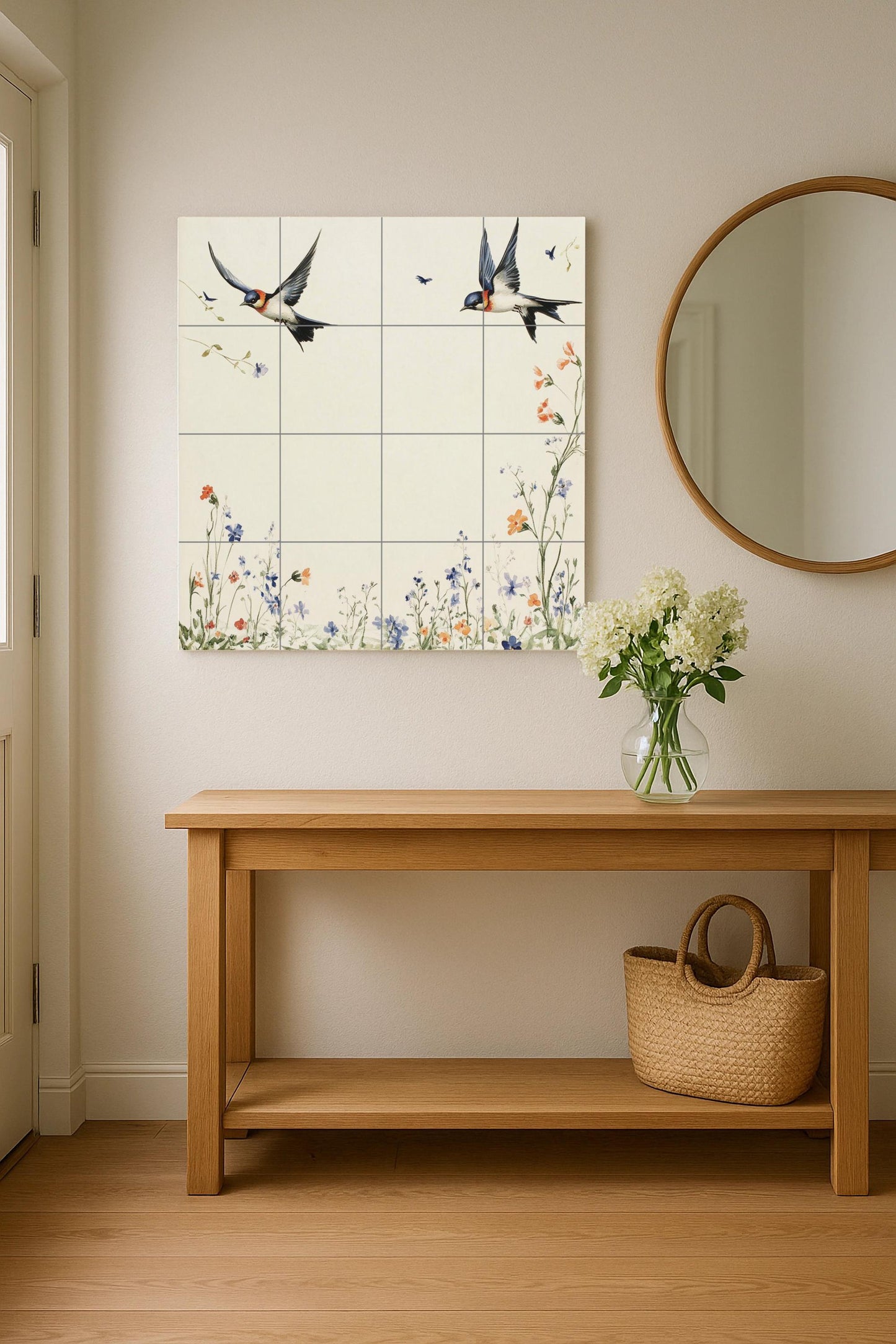 "Schwalben von Frühling — Fliesen-Wandbild aus Keramik · Botanische Landschaft