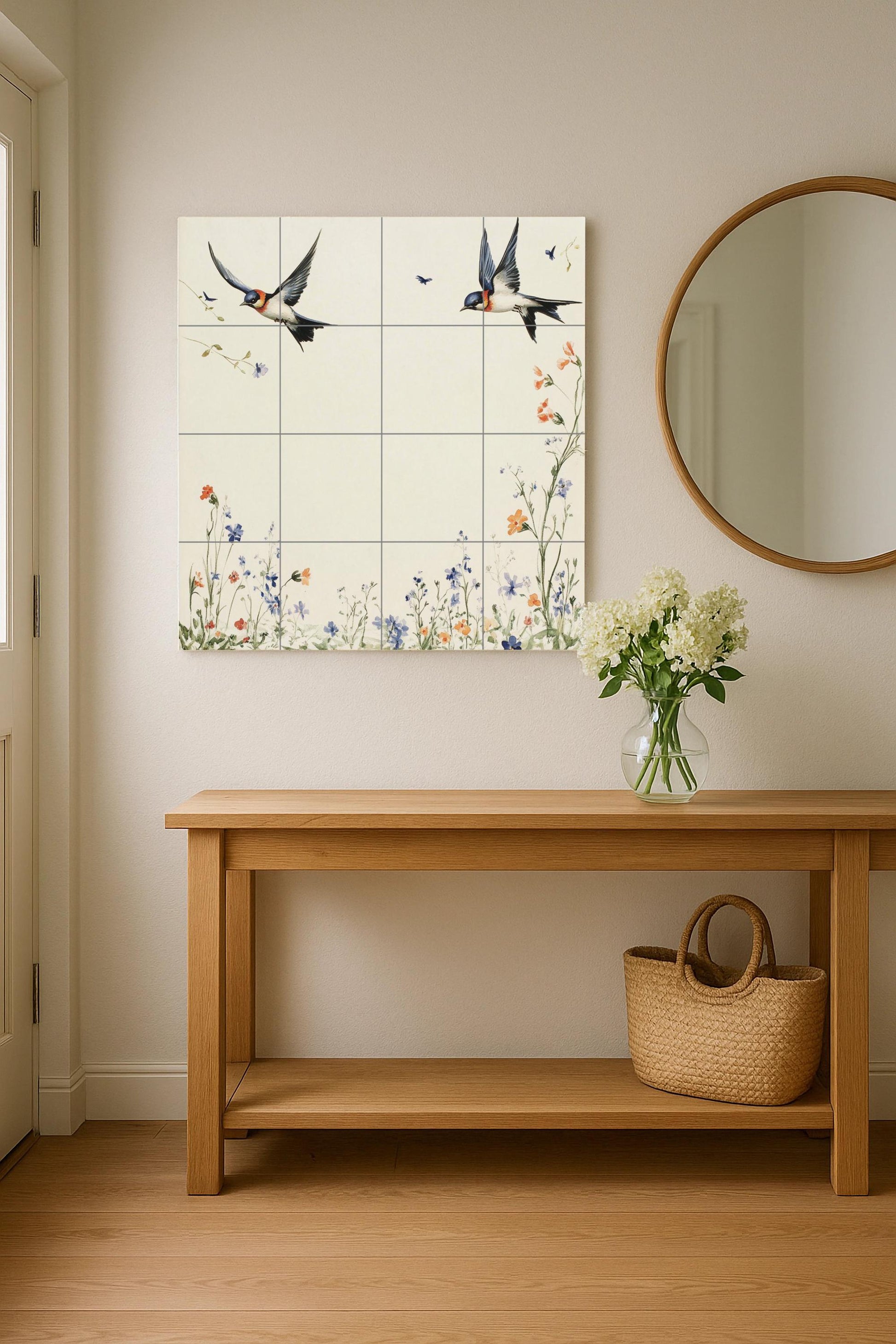 "Schwalben von Frühling — Fliesen-Wandbild aus Keramik · Botanische Landschaft