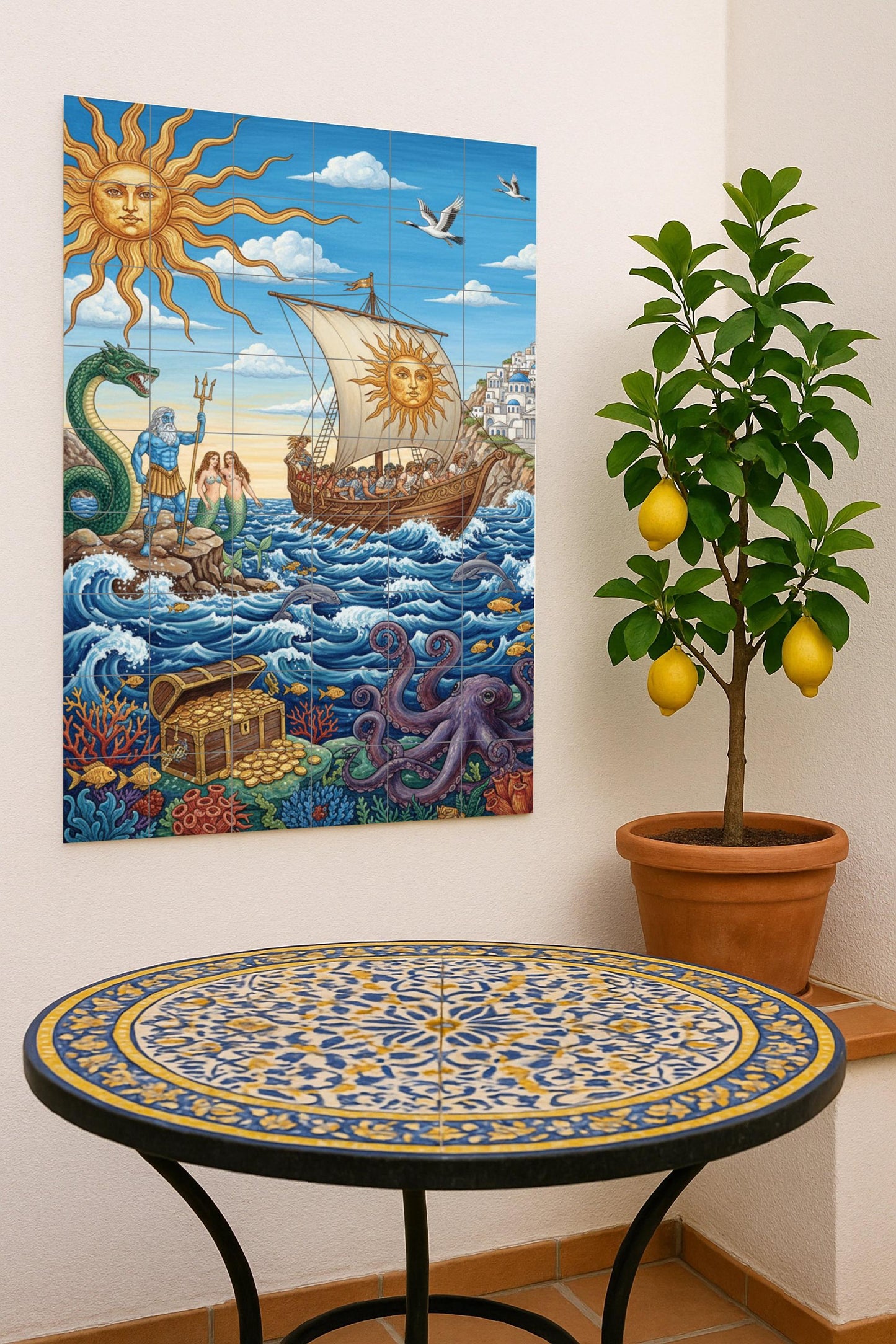 Viaje del Sol — Poseidón, sirenas, barco y tesoro