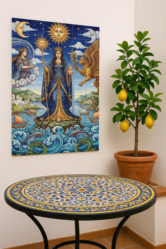 Reina del Sol y el Mar — Diosa, grifo y símbolos celestiales