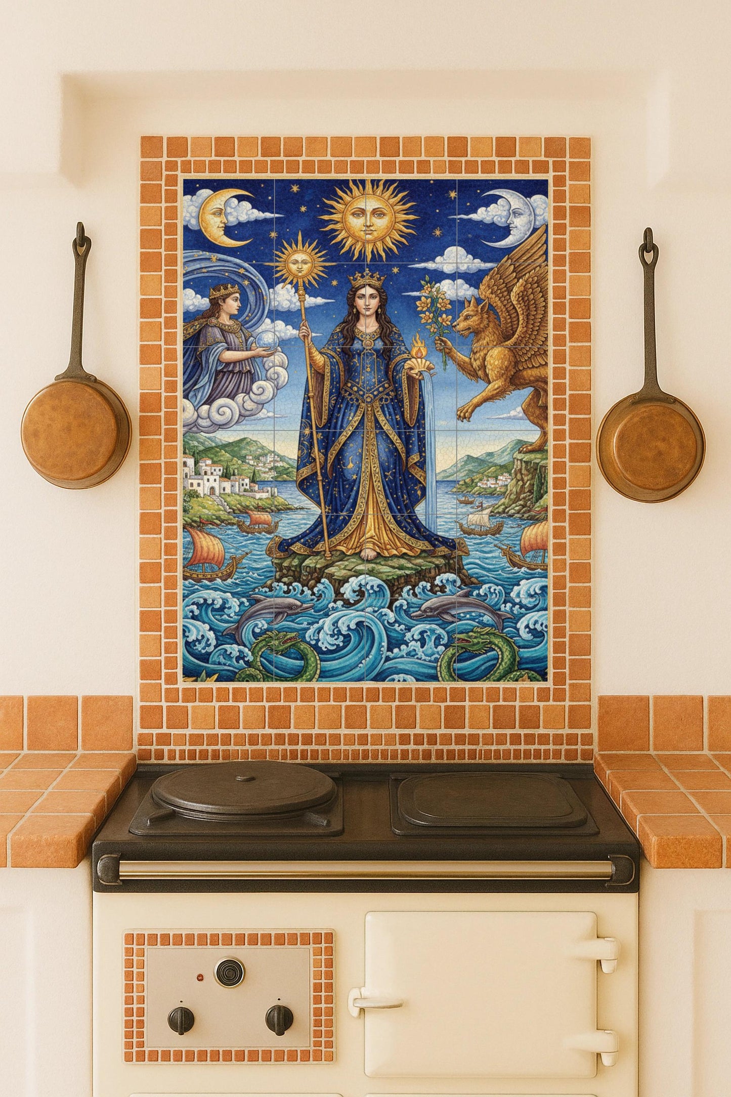 Reina del Sol y el Mar — Diosa, grifo y símbolos celestiales