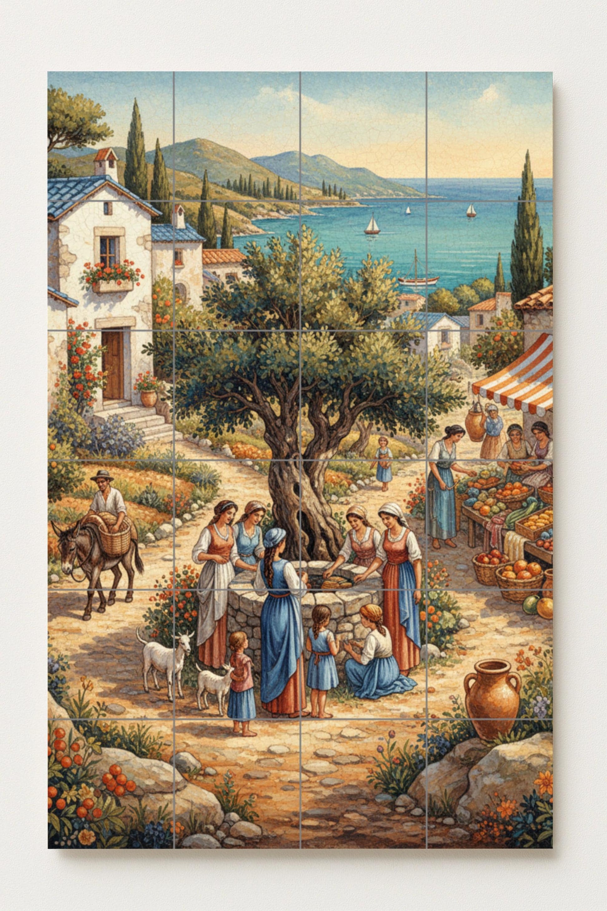 Pueblo mediterráneo — Olivo, escena de mercado y vistas al mar