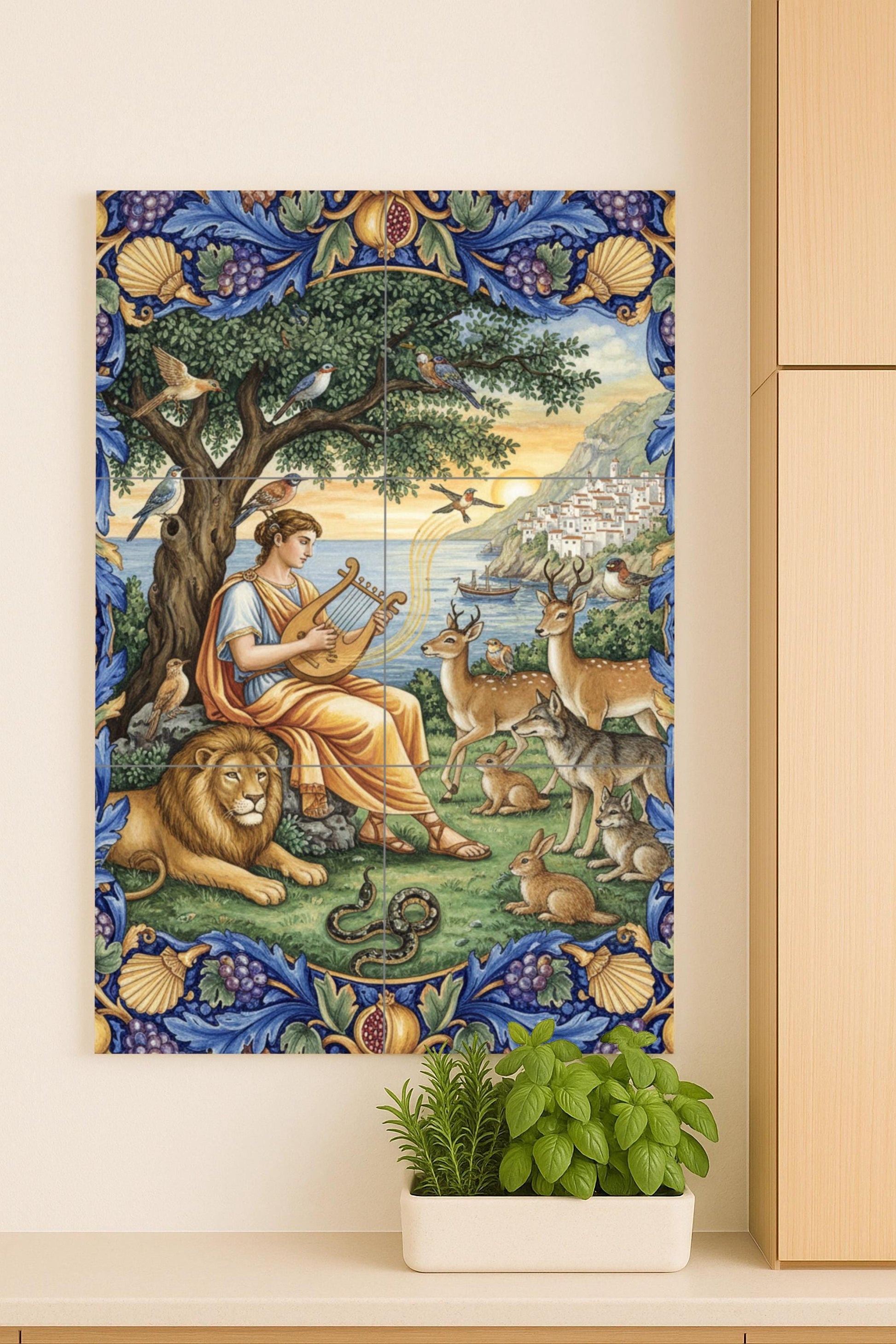 Orfeo e i Animales — Decoro di Leggenda Antica, Arte da Parete in Ceramica
