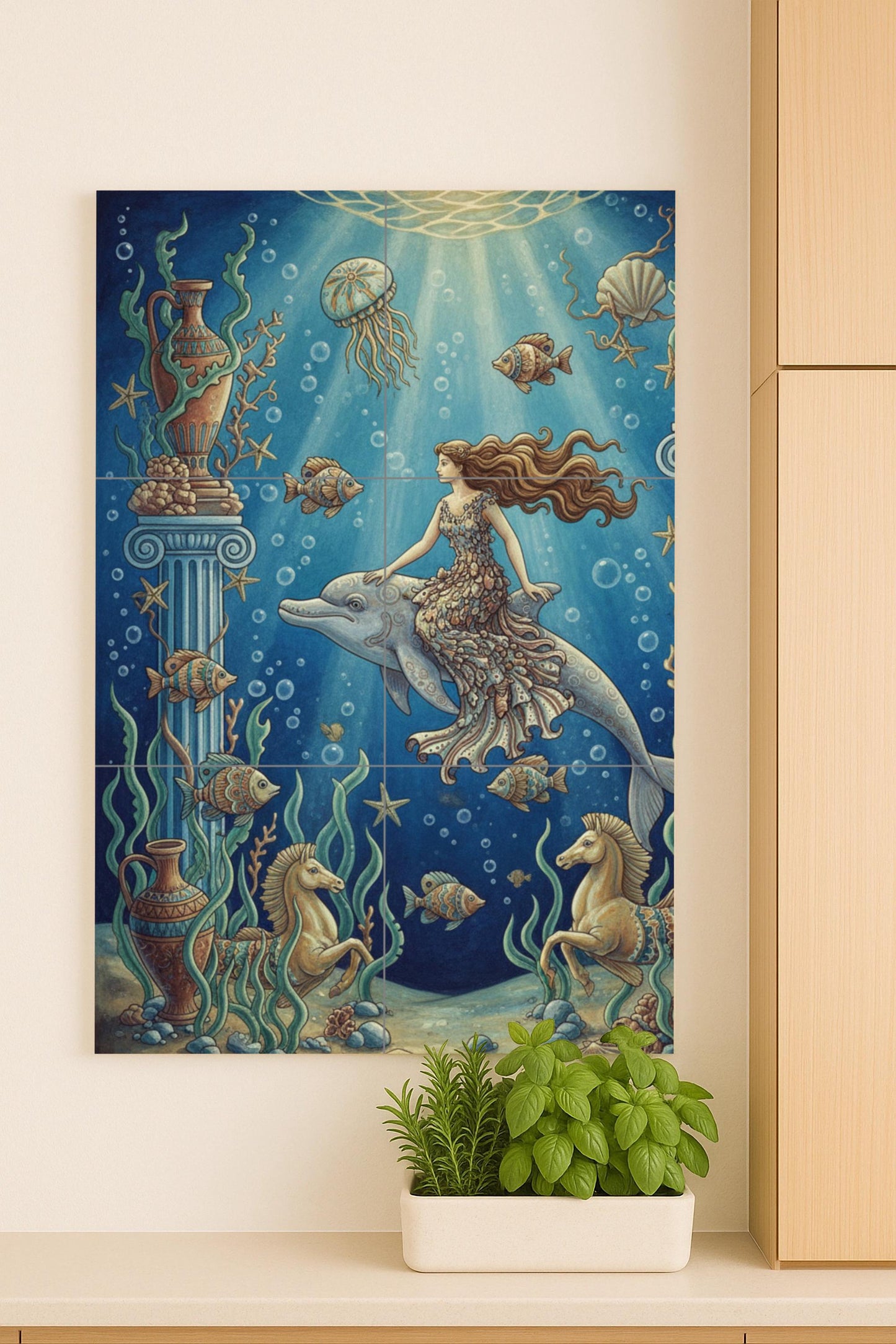 Cerámica "Dea del Oceano e Delfín — Arte Mitologica da Parete, Arte da Parete in Ceramica