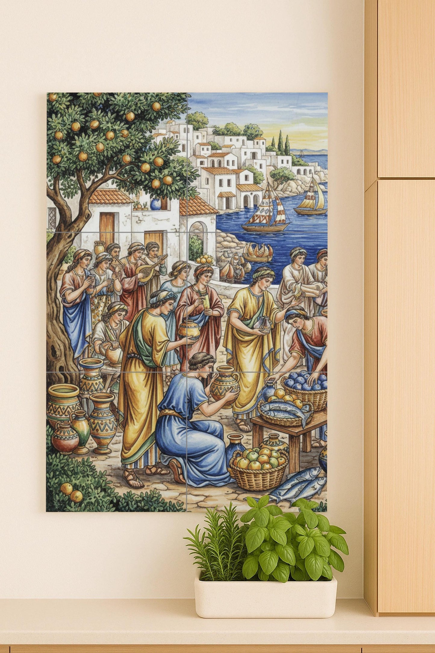 Scène de Marché Grec Ancien — Fresque Murale en Carreaux de Céramique · Scène de Cuisine et Campagne