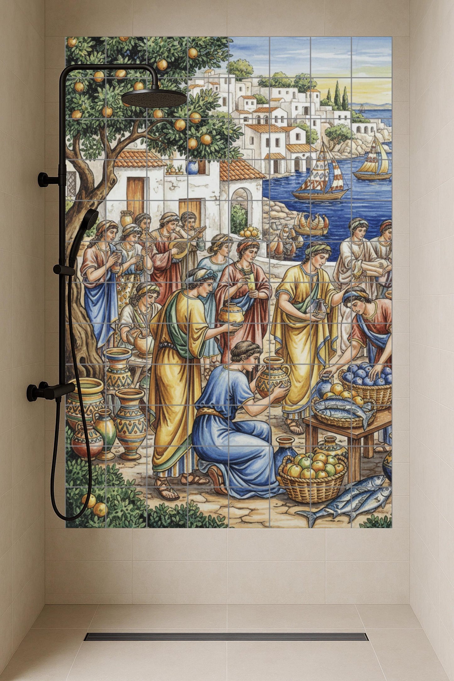 Scène de Marché Grec Ancien — Fresque Murale en Carreaux de Céramique · Scène de Cuisine et Campagne