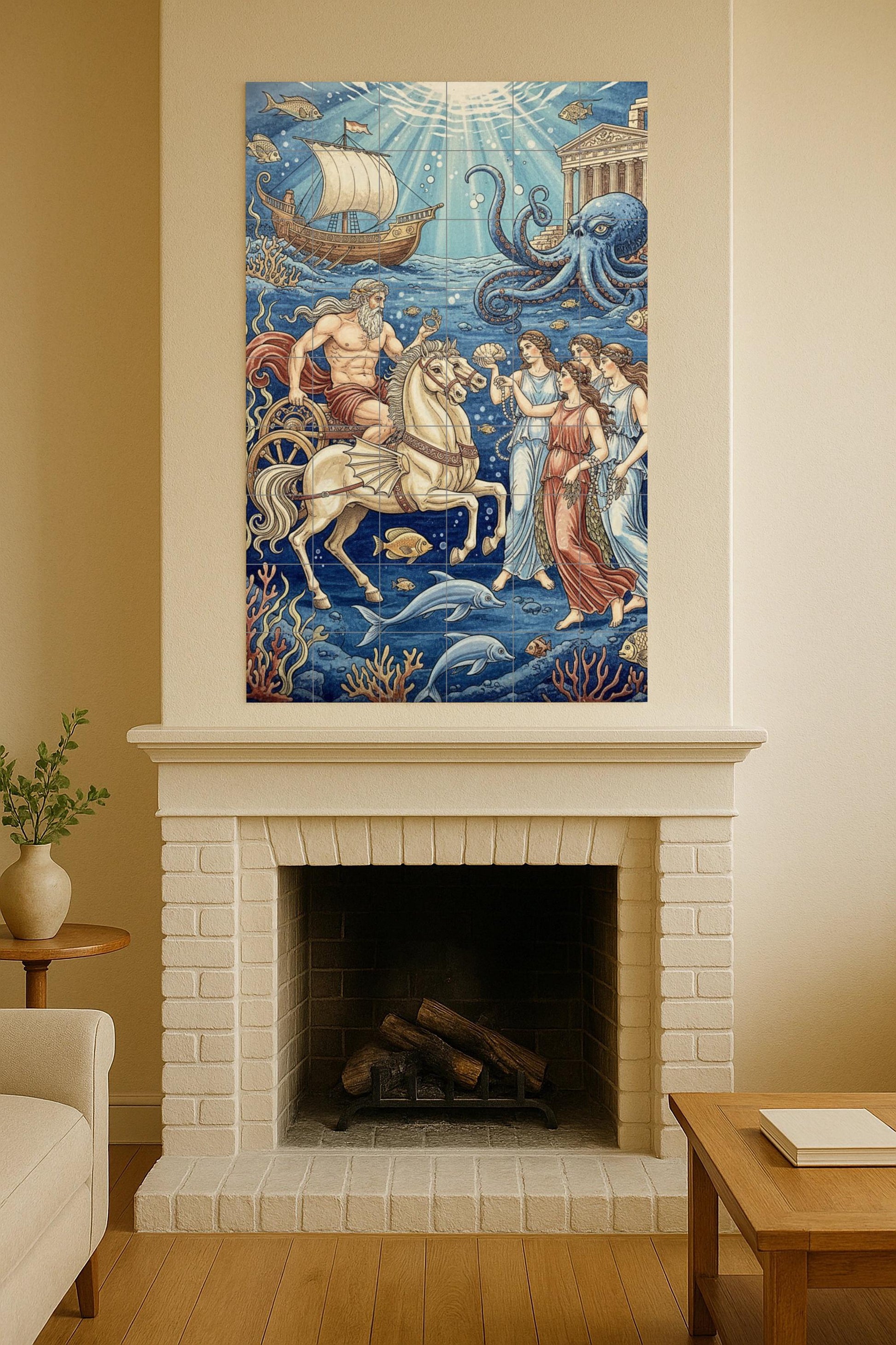 Fresque en Carrelage La corte de Poseidón bajo las olas — Art Mural Mythologique
