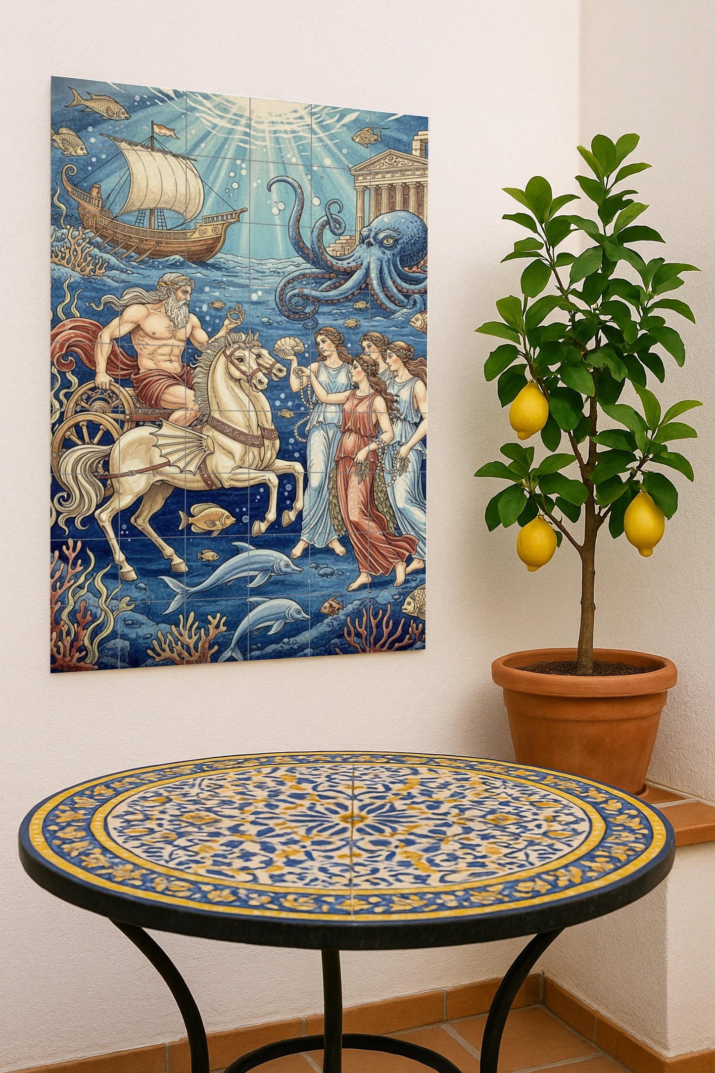 Fresque en Carrelage La corte de Poseidón bajo las olas — Art Mural Mythologique