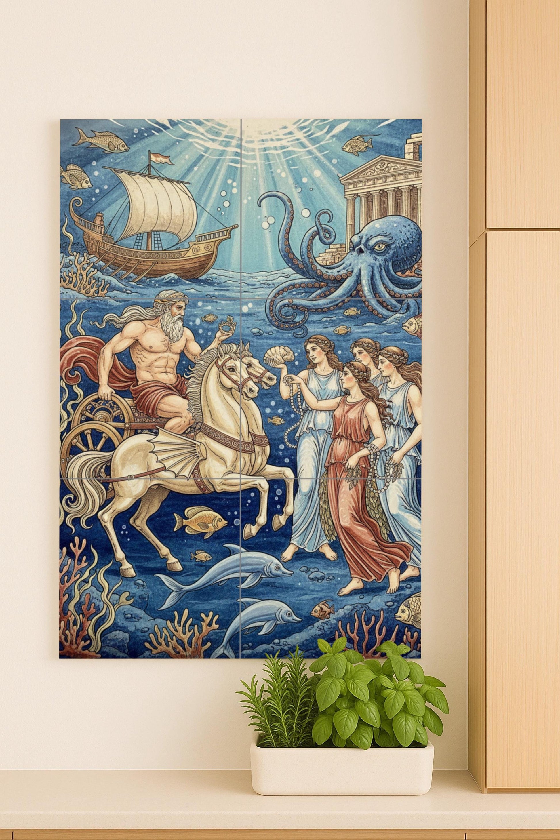 Fresque en Carrelage La corte de Poseidón bajo las olas — Art Mural Mythologique