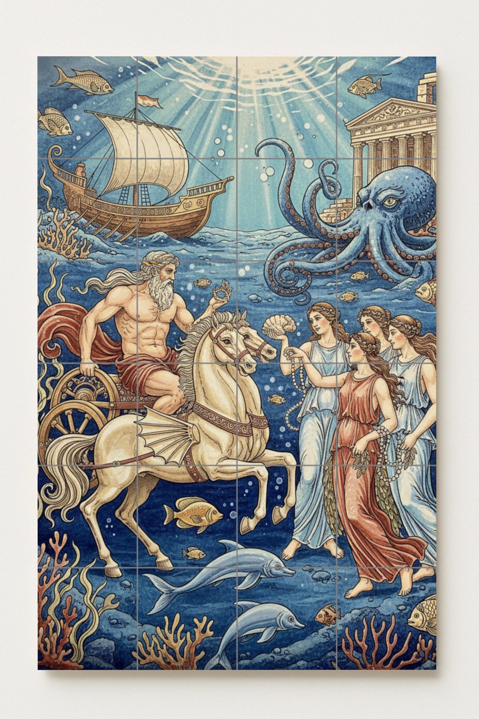 Fresque en Carrelage La corte de Poseidón bajo las olas — Art Mural Mythologique
