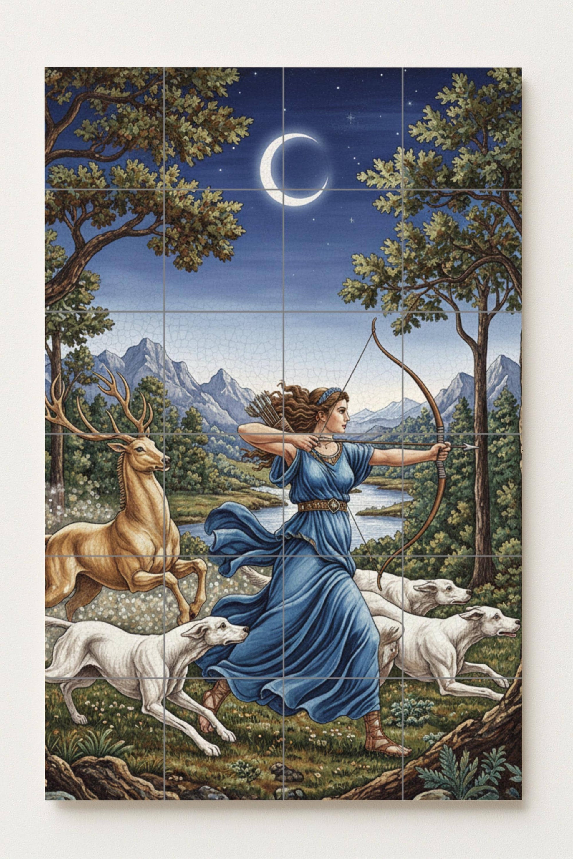 Mural cerámico de Artemisa la Cazadora, diosa griega de la Luna, con…
