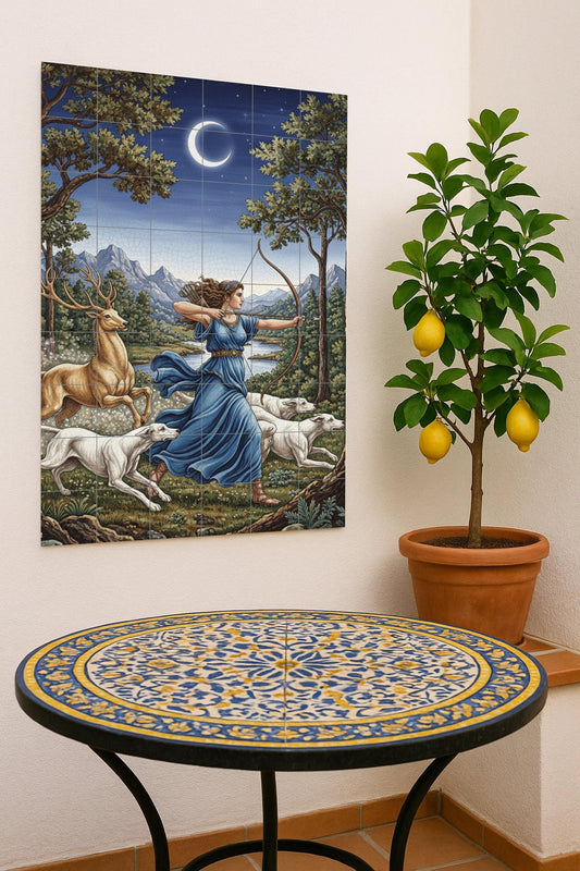 Mural cerámico de Artemisa la Cazadora, diosa griega de la Luna, con…
