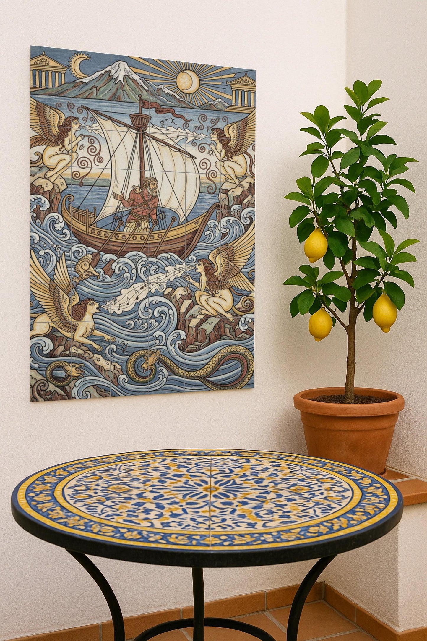 Ulisse e le Sirene — Murale in Piastrelle di Ceramica · Decoro di Leggenda Antica