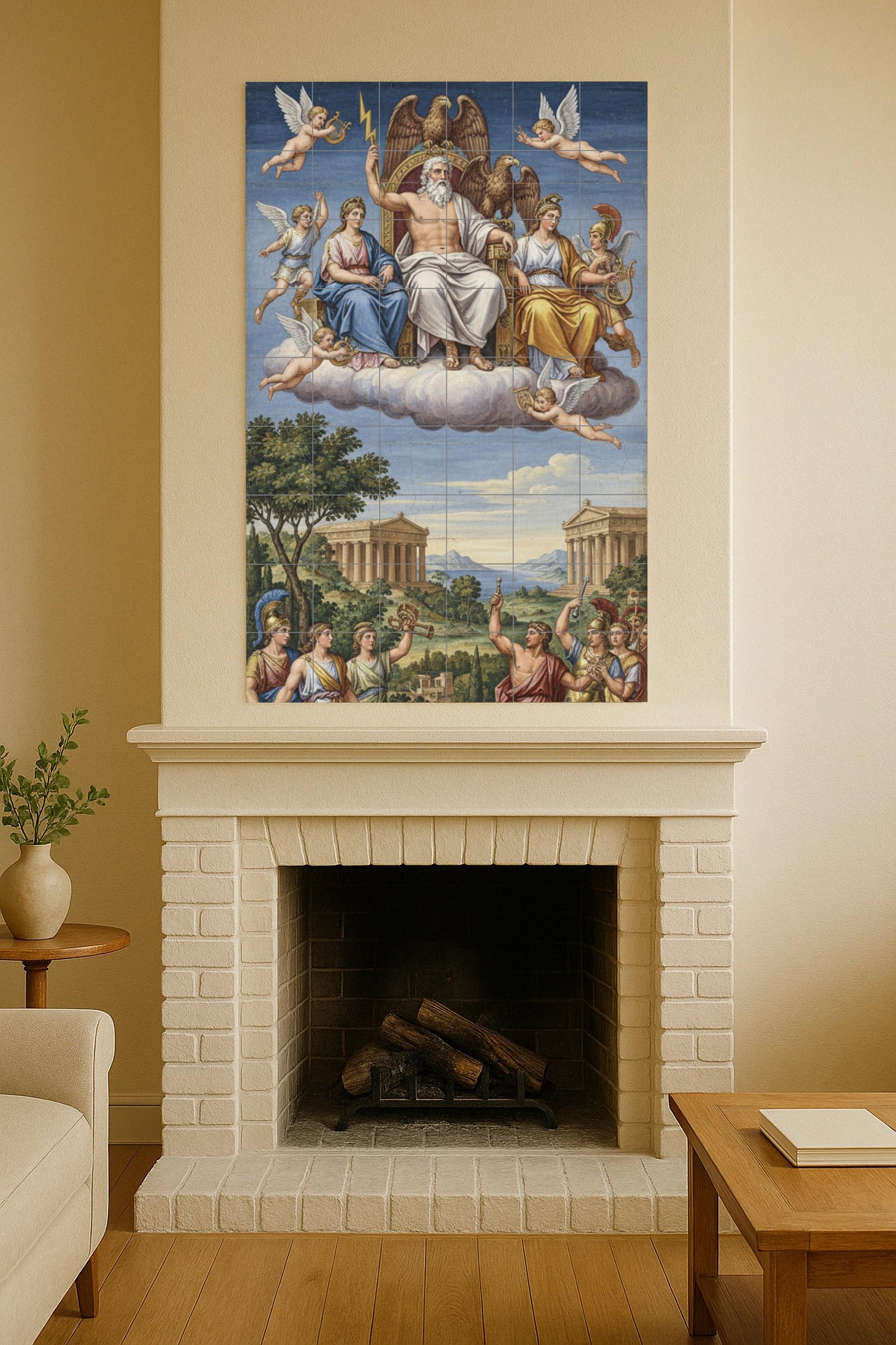 Trono del Olimpo — Zeus y los dioses. Mural de cerámica griega con…