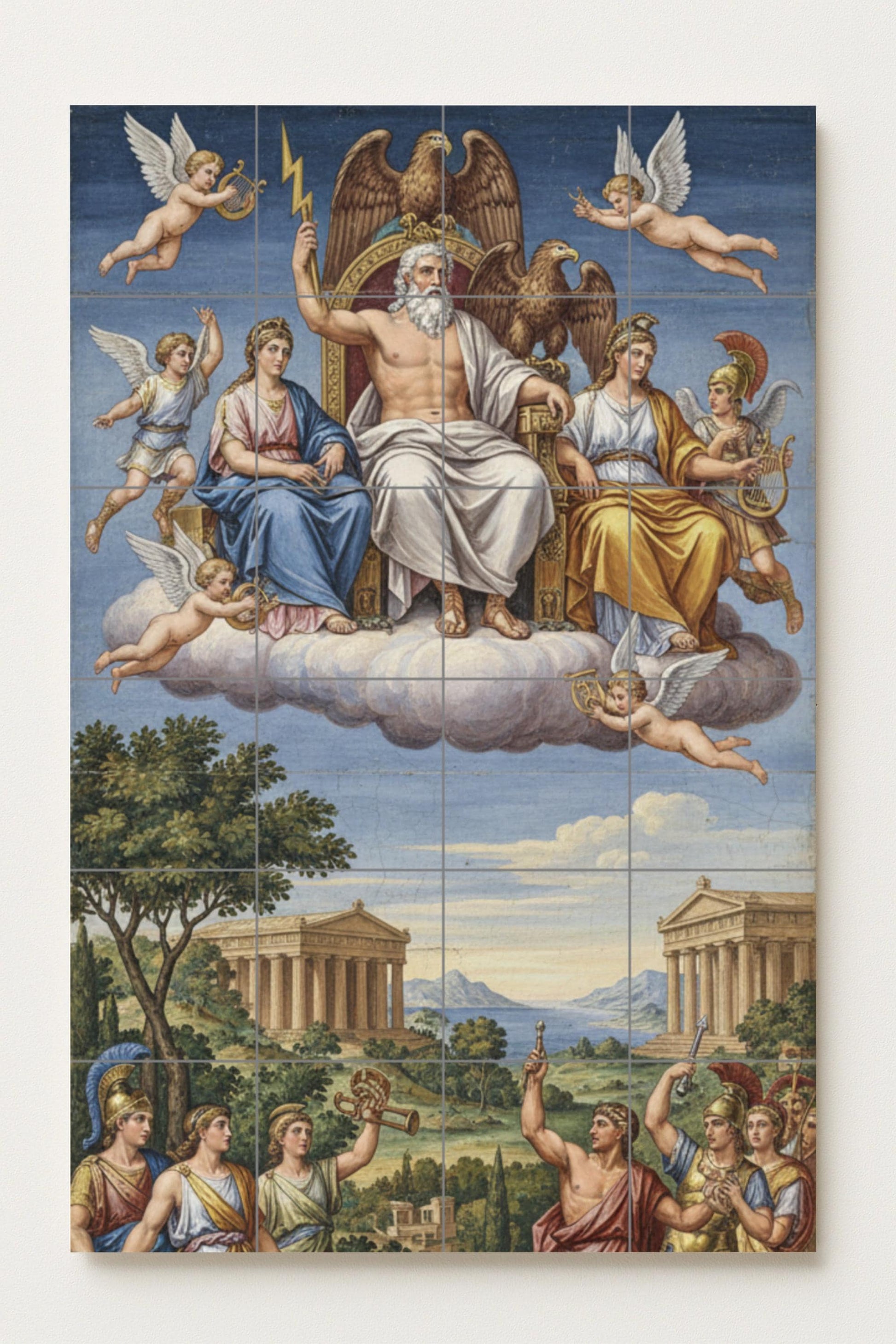 Trono del Olimpo — Zeus y los dioses. Mural de cerámica griega con…