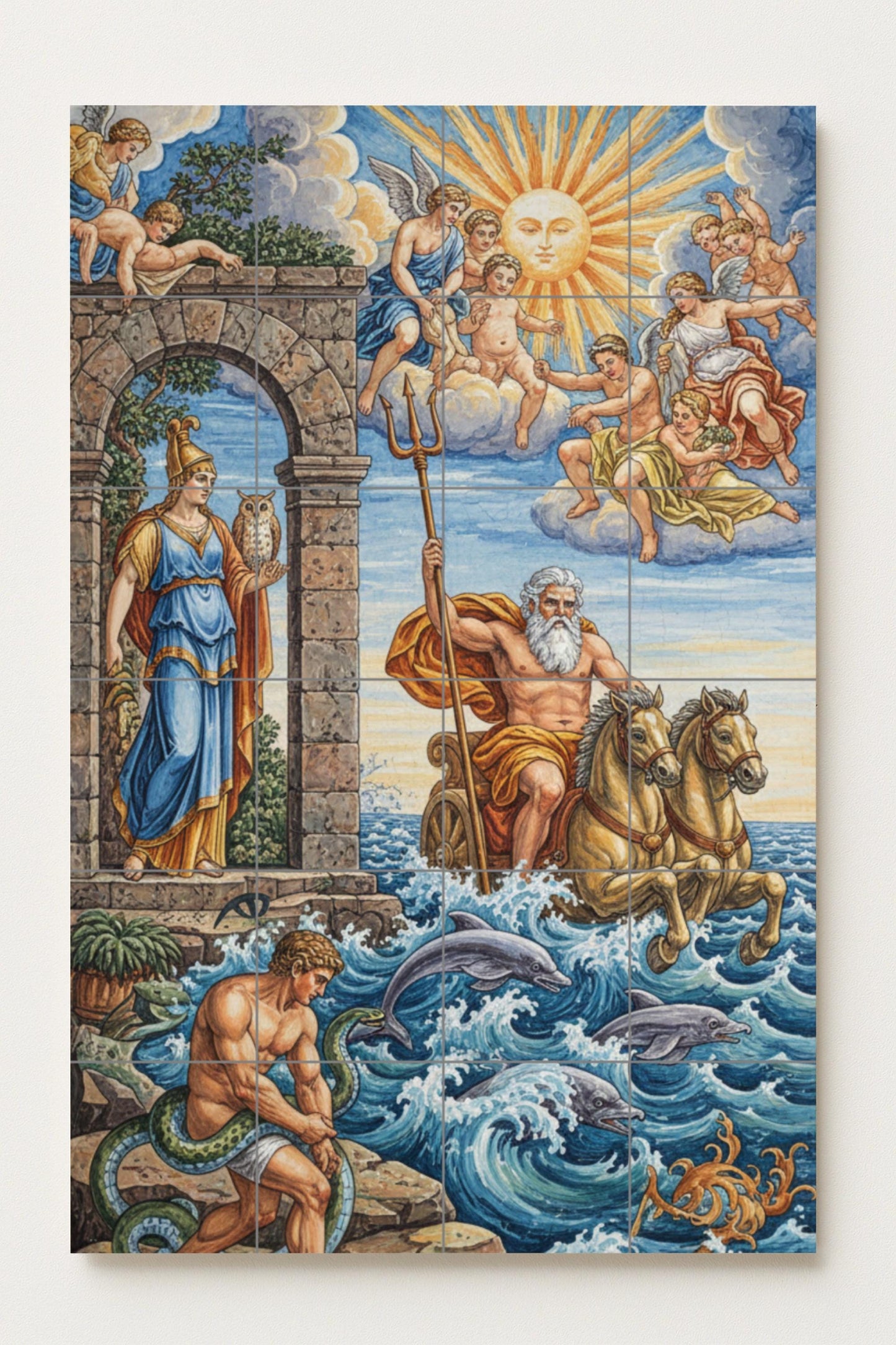 Poseidón y Atenea — Griego con delfines, caballos, ángeles y un cielo…
