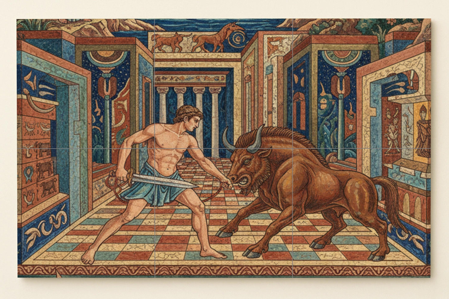 Teseo y el Minotauro — Laberinto griego con héroe mítico, palacio de…
