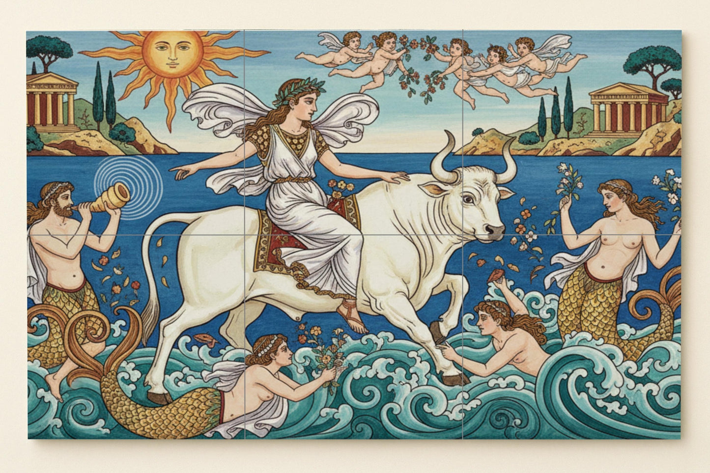 El Rapto de Europa — Mediterráneo con templos clásicos, ninfas…