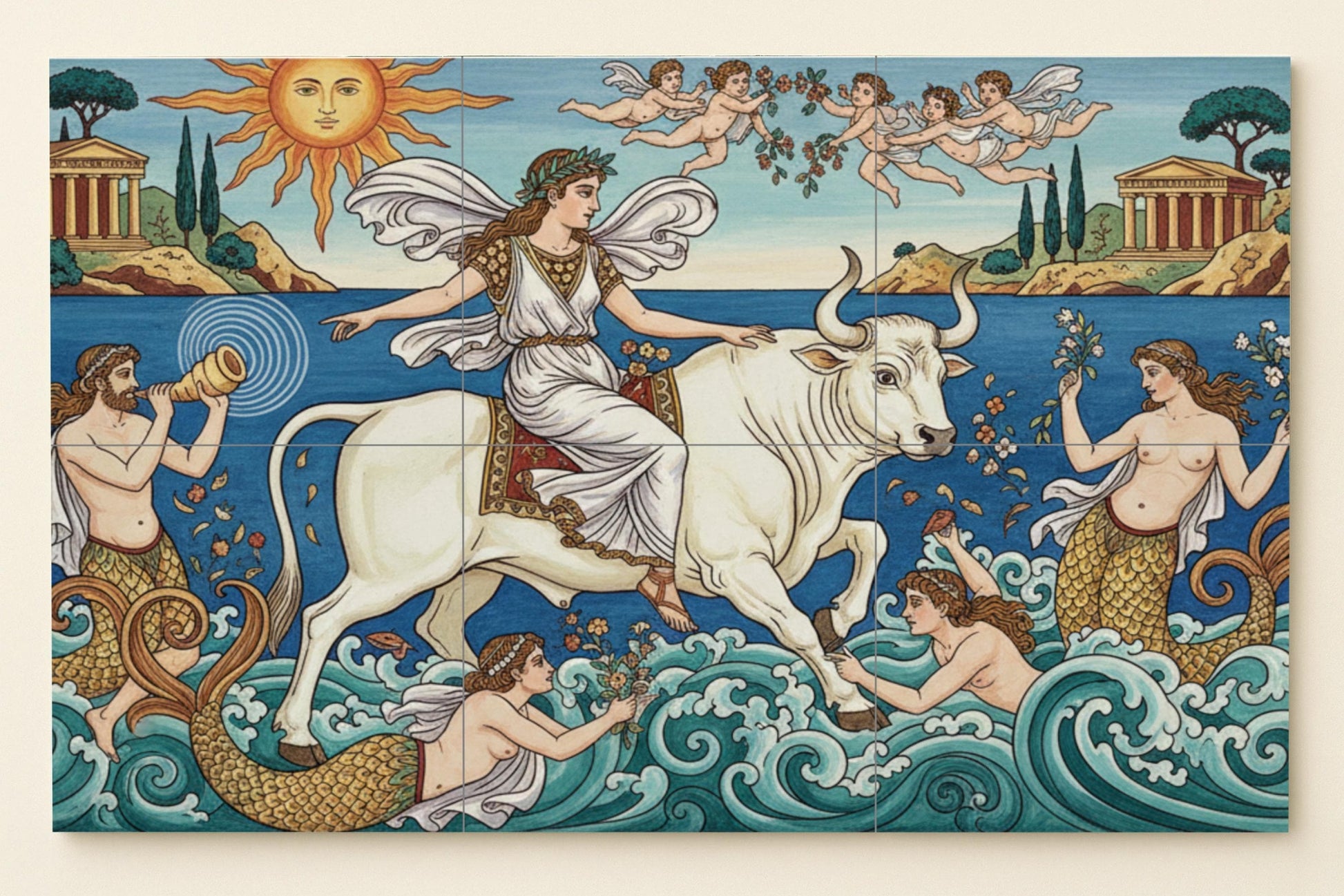 El Rapto de Europa — Mediterráneo con templos clásicos, ninfas…