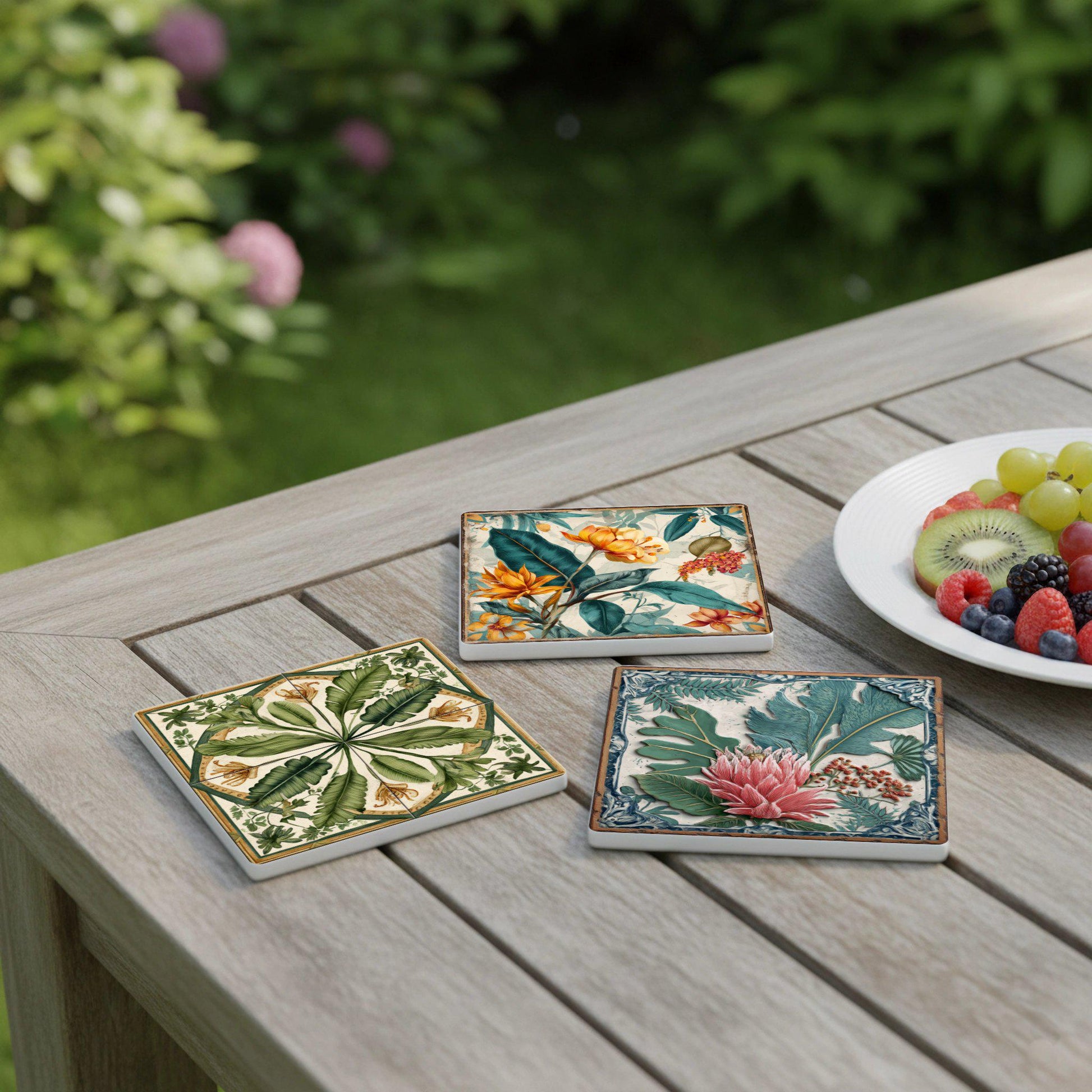 Botánica con decoración Floreale Tropicale — Set di Sottobicchieri in Ceramica · Decoro Botanico da Tavola