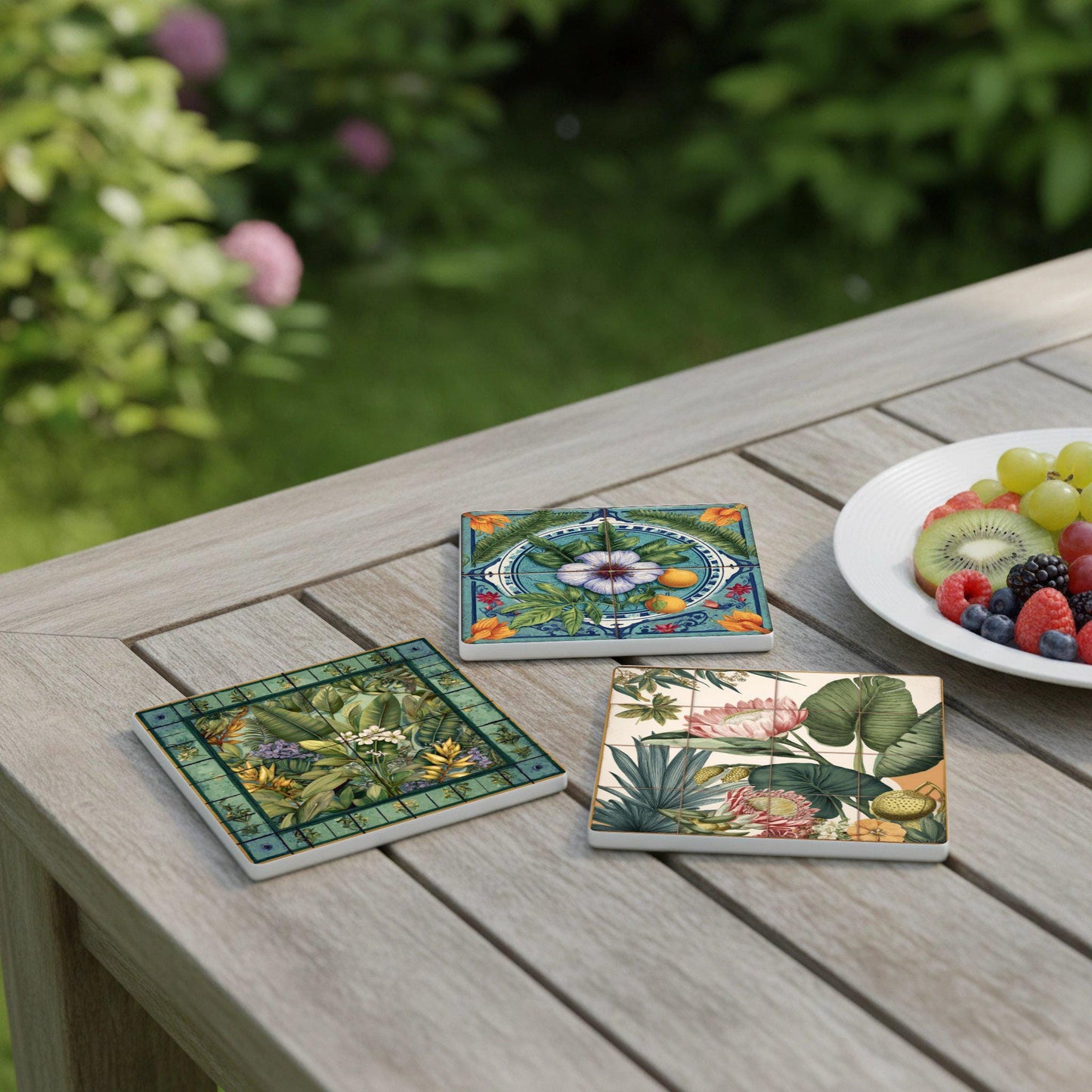 Botánica con decoración Floreale Tropicale — Set di Sottobicchieri in Ceramica · Decoro Botanico da Tavola