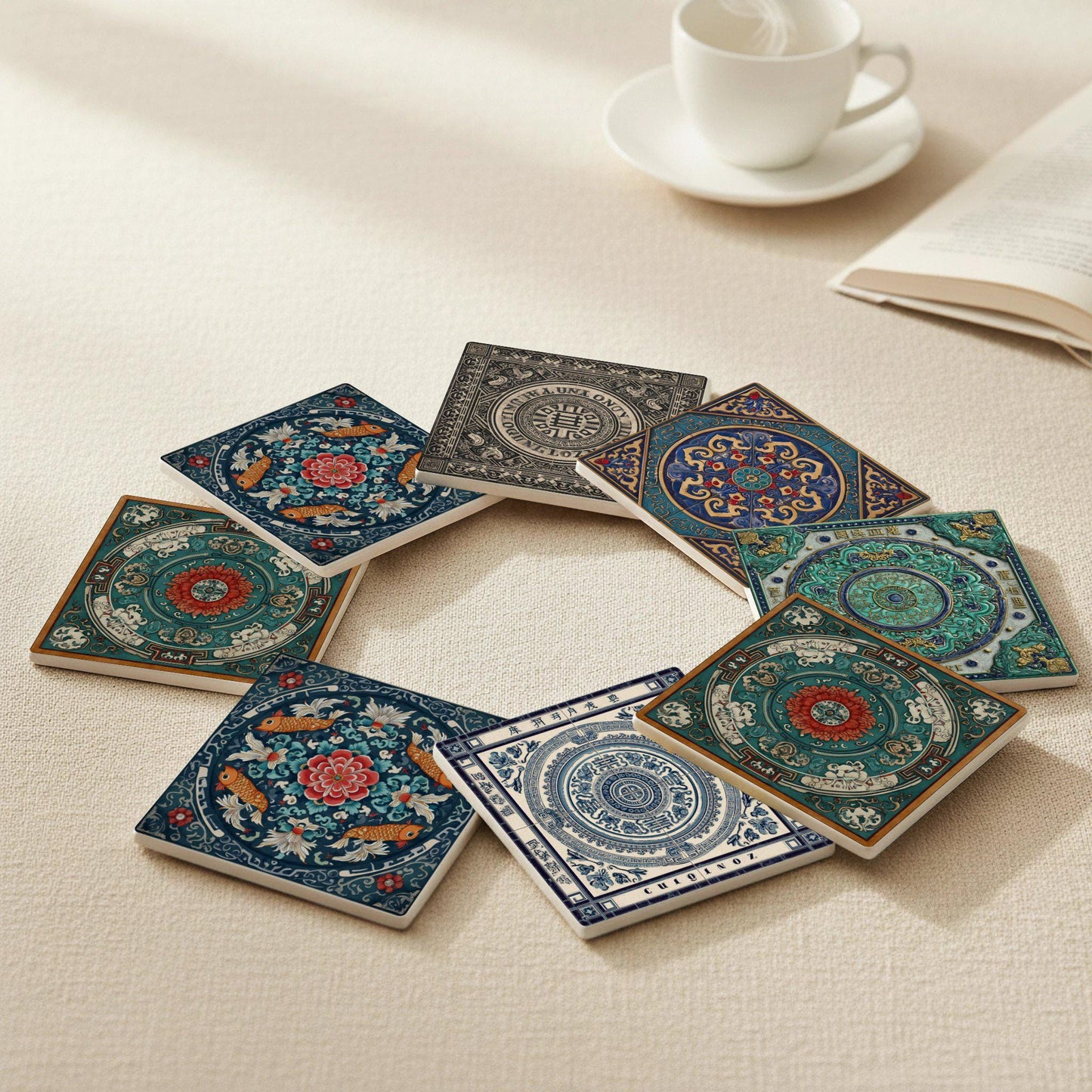 Ceramic Coasters Dinastía Qing — Geometric & Deco