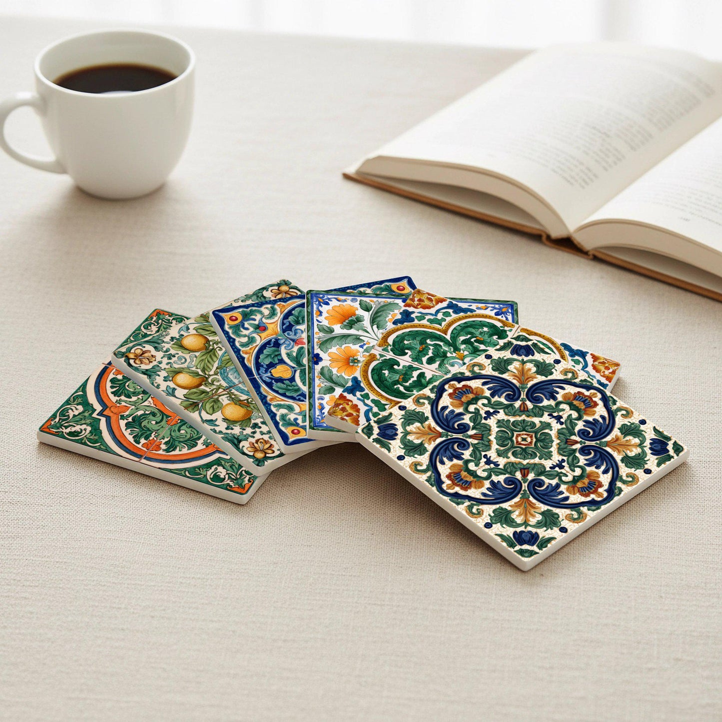 Valenciana con diseño floral mediterráneo (juego de 6) — Set de Dessous de Verre en Céramique · Cadeau Inspiration Jardin